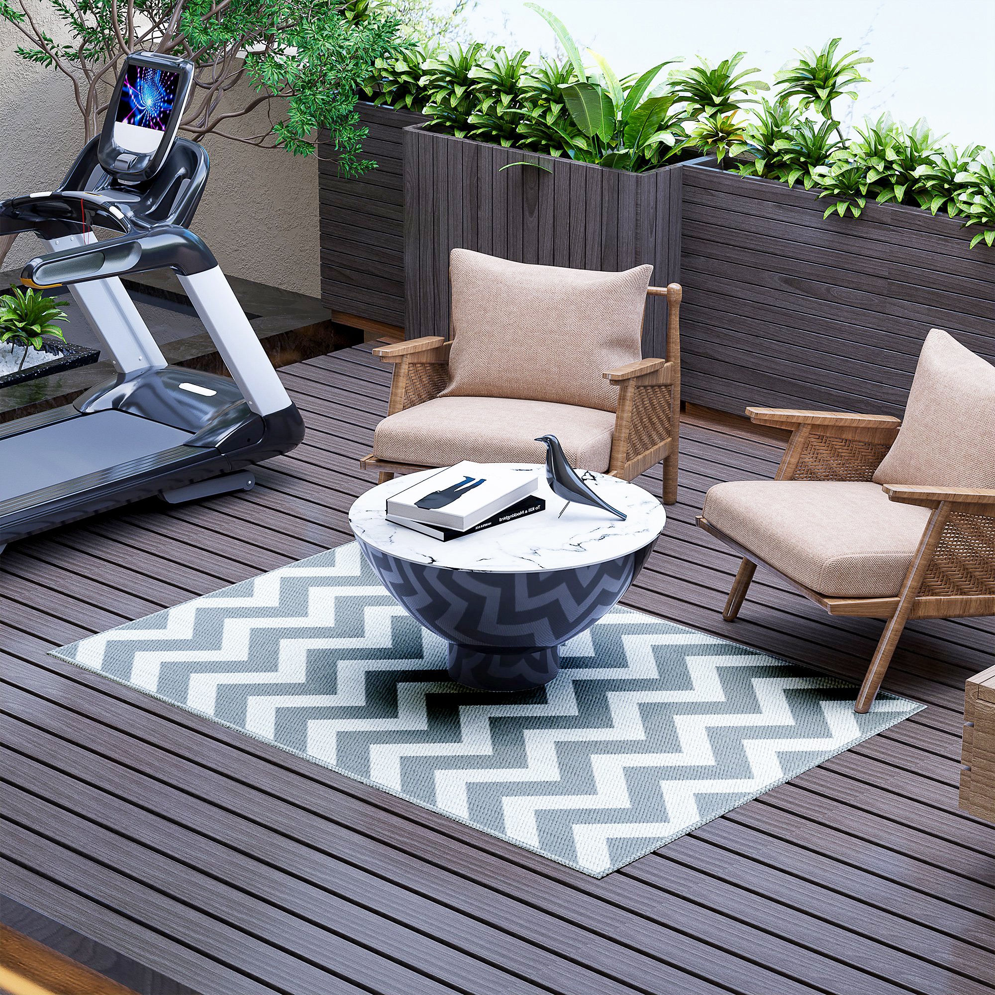 Õuevaip, veekindel, kahepoolne disain, kvaliteetne sünteetiline kiud, helehall ja valge, 121 x 182 cm