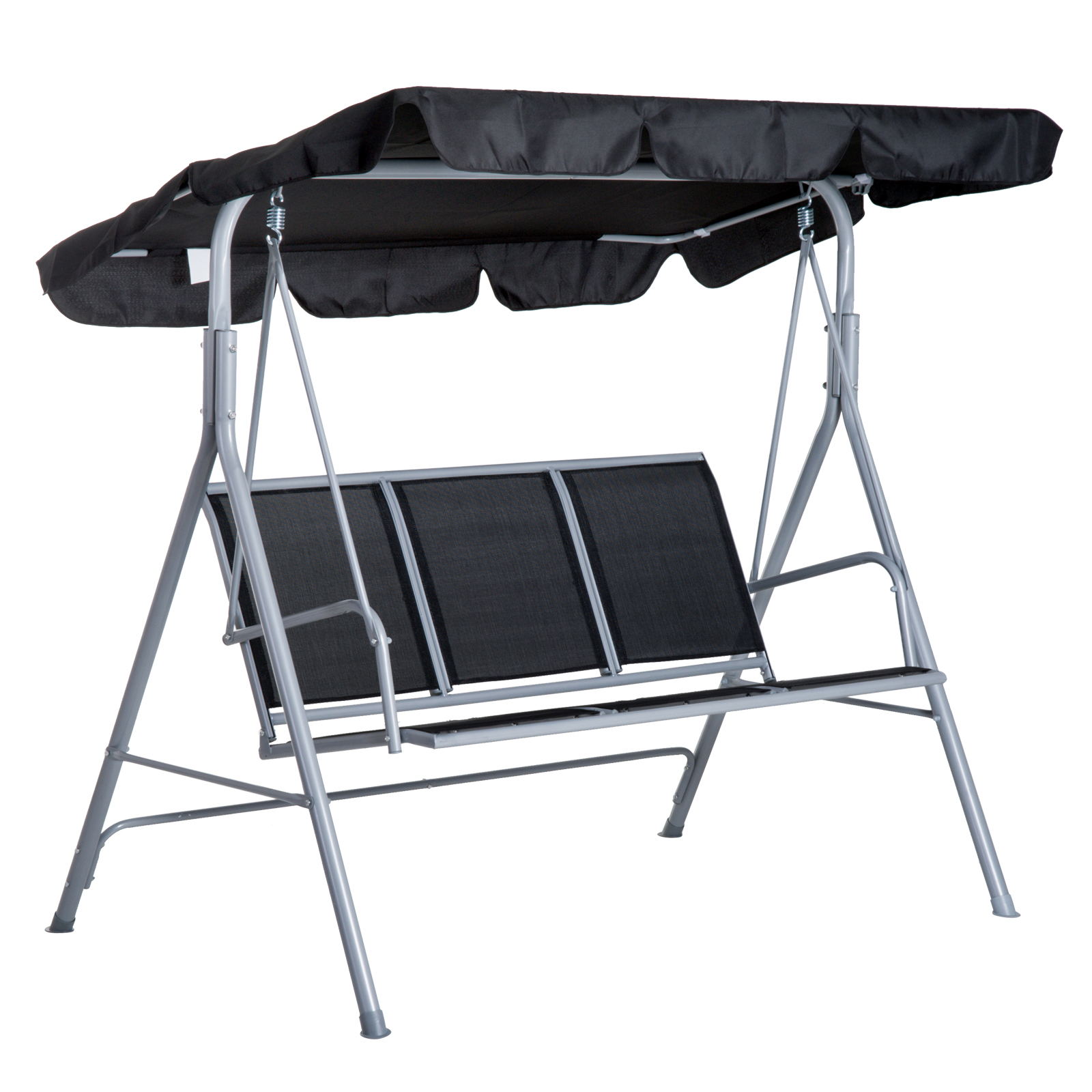 Hollywoodi kiik reguleeritava päikesevarjuga, 3-kohaline aiakiik libisemisvastaste jalgadega, kiigepingi kandevõime kuni 240 kg, aiatool aeda, terrassile, 171x108x150cm, must