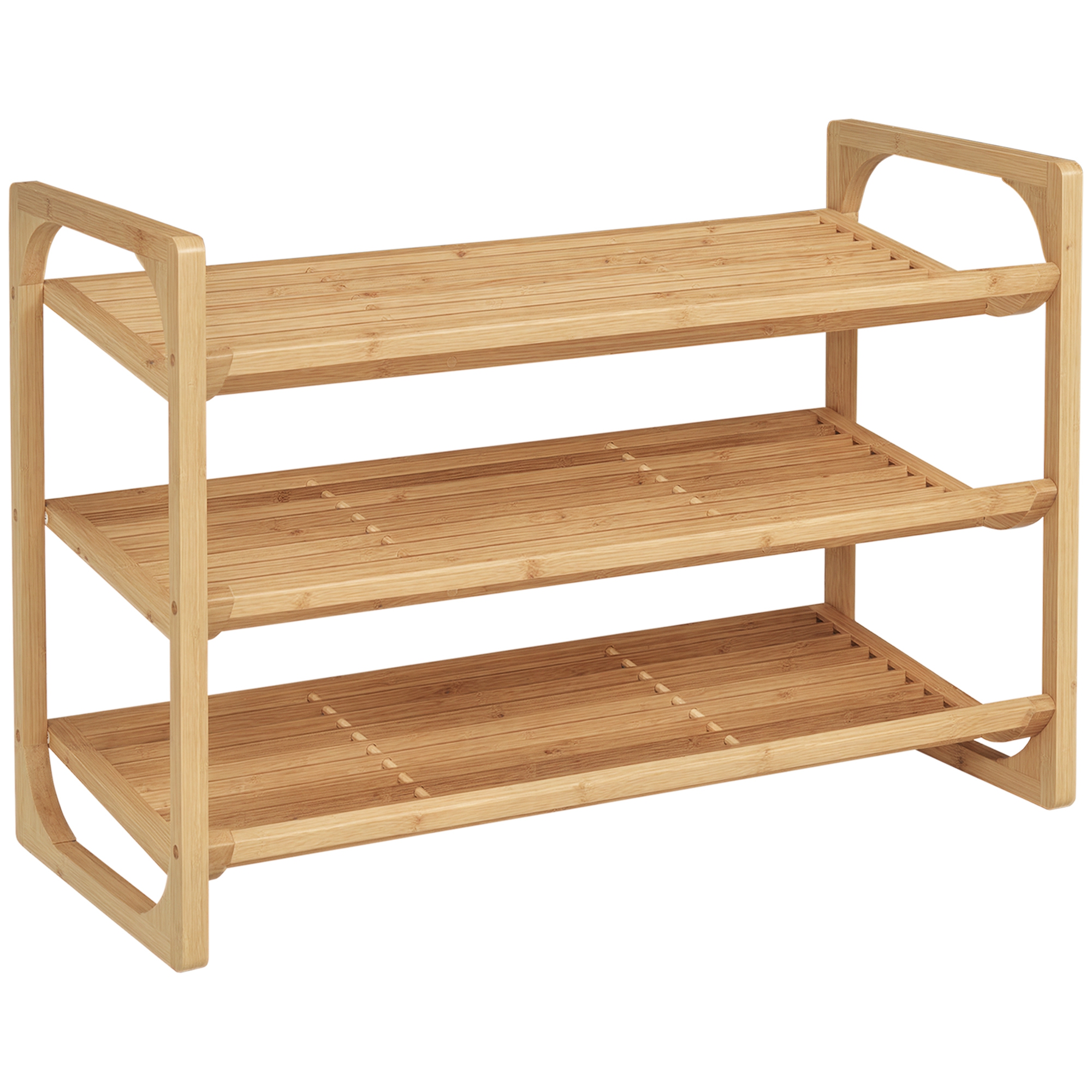 Jalanõuderiiul 9 paarile jalanõusid, 3 riiulit, kõrgendatud servad, bambuspuit, 76 x 33 x 51 cm