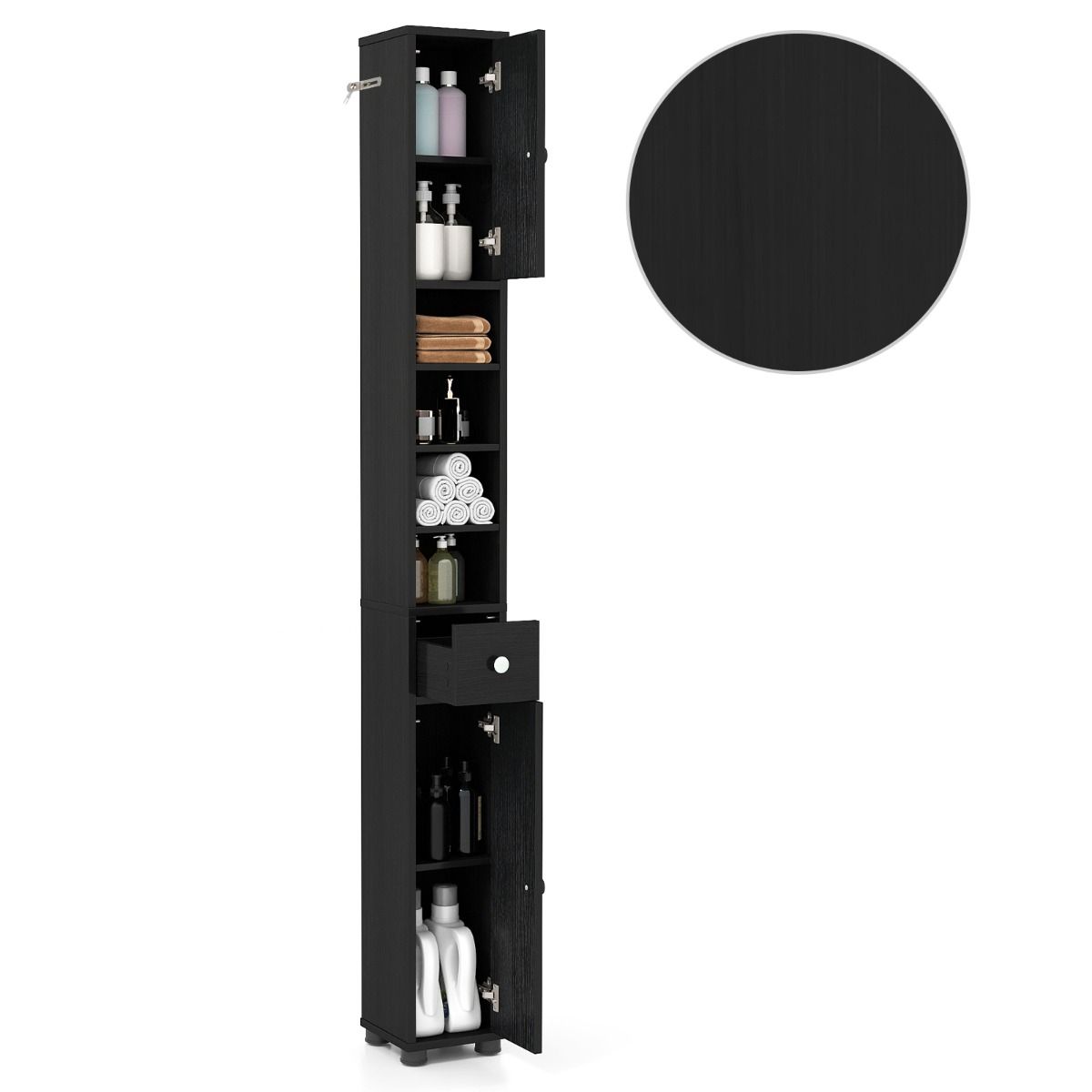 Kitsas vannitoakapp kahe ukse, ühe sahtli ja reguleeritavate riiulitega, must