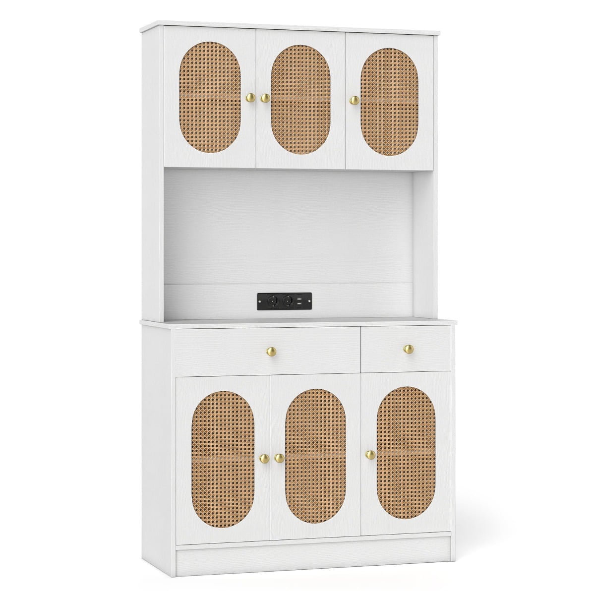 Puidust köögikapp rotangist ustega, 2 pistikupesa ja 2 USB-porti; valge buffet-kapp