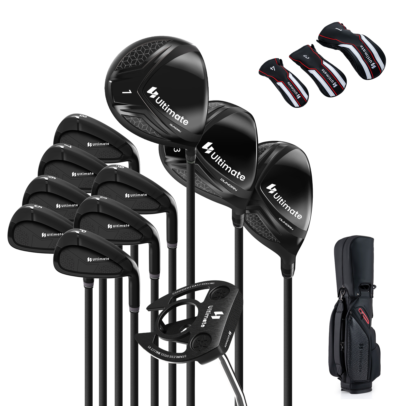 Täielik golfikeppide komplekt paremakäelistele mängijatele koos caddy-golfikotiga (11-osaline komplekt), must