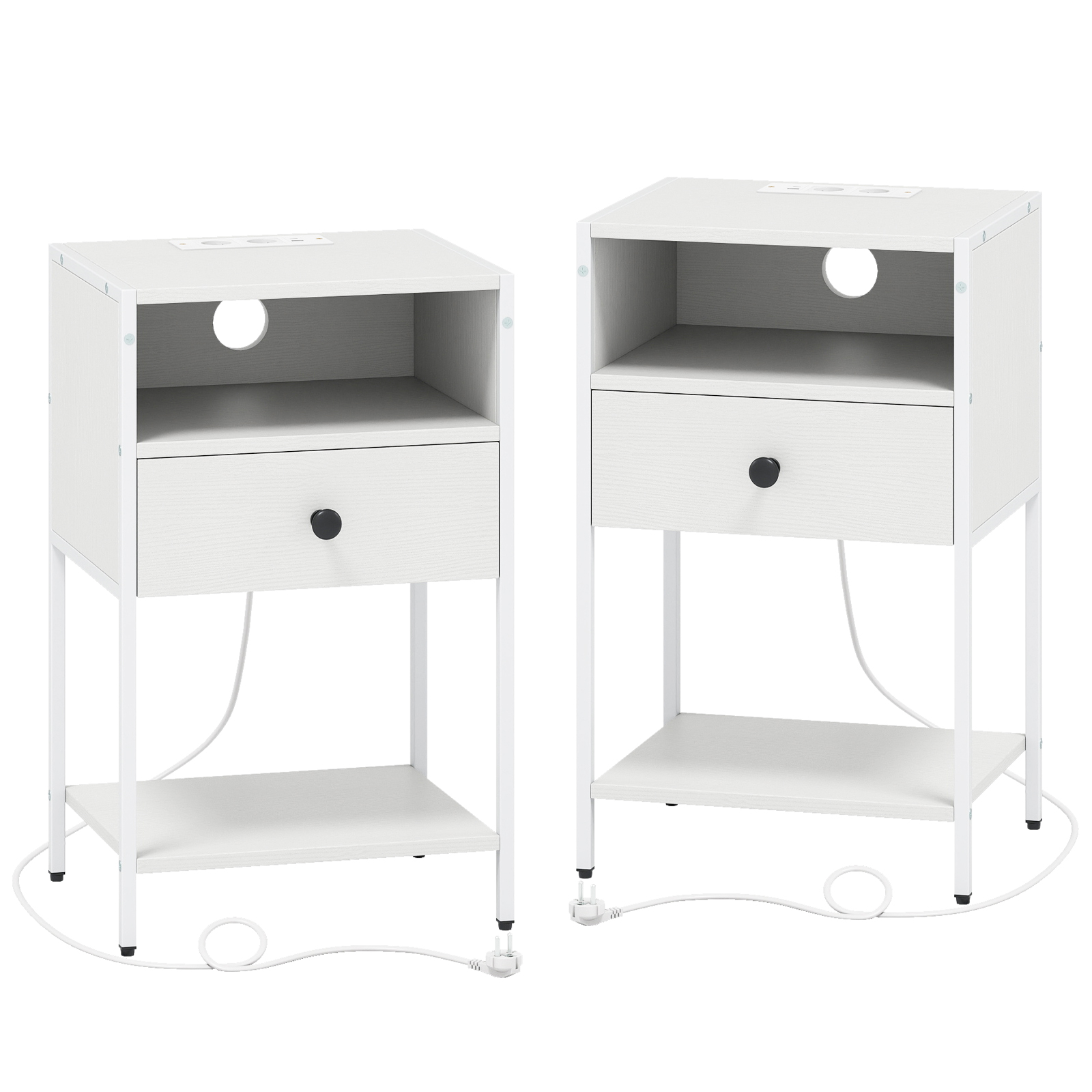 2 öökapi komplekt laadimisjaamaga, industriaalne stiil, külglaud avatud sahtliga, sahtel ja riiul, valge