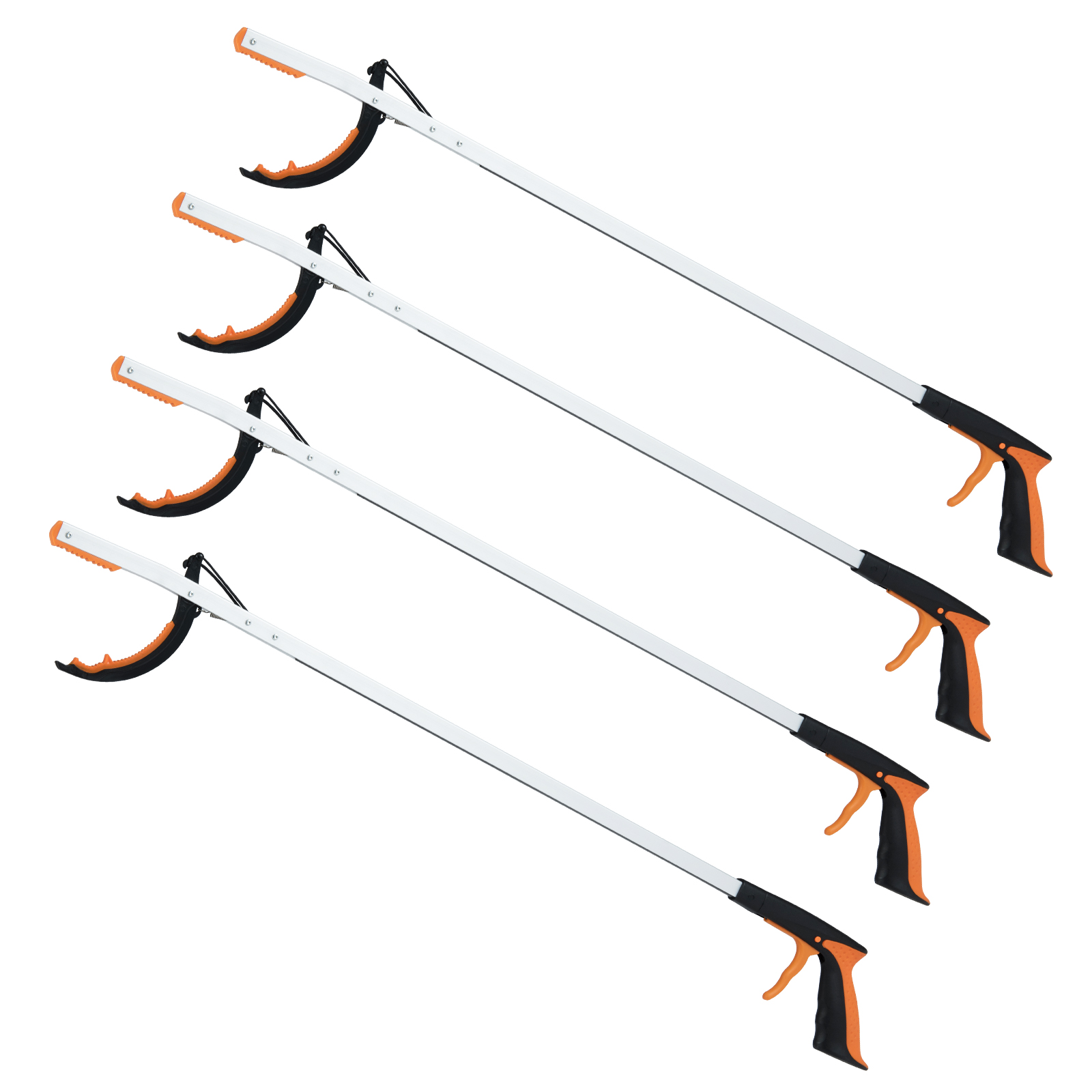 4 eriti pika 88 cm haaratsi, aiahaaratsi ja prügikoguja varda komplekt, kerged alumiiniumist küünised, hõbedane