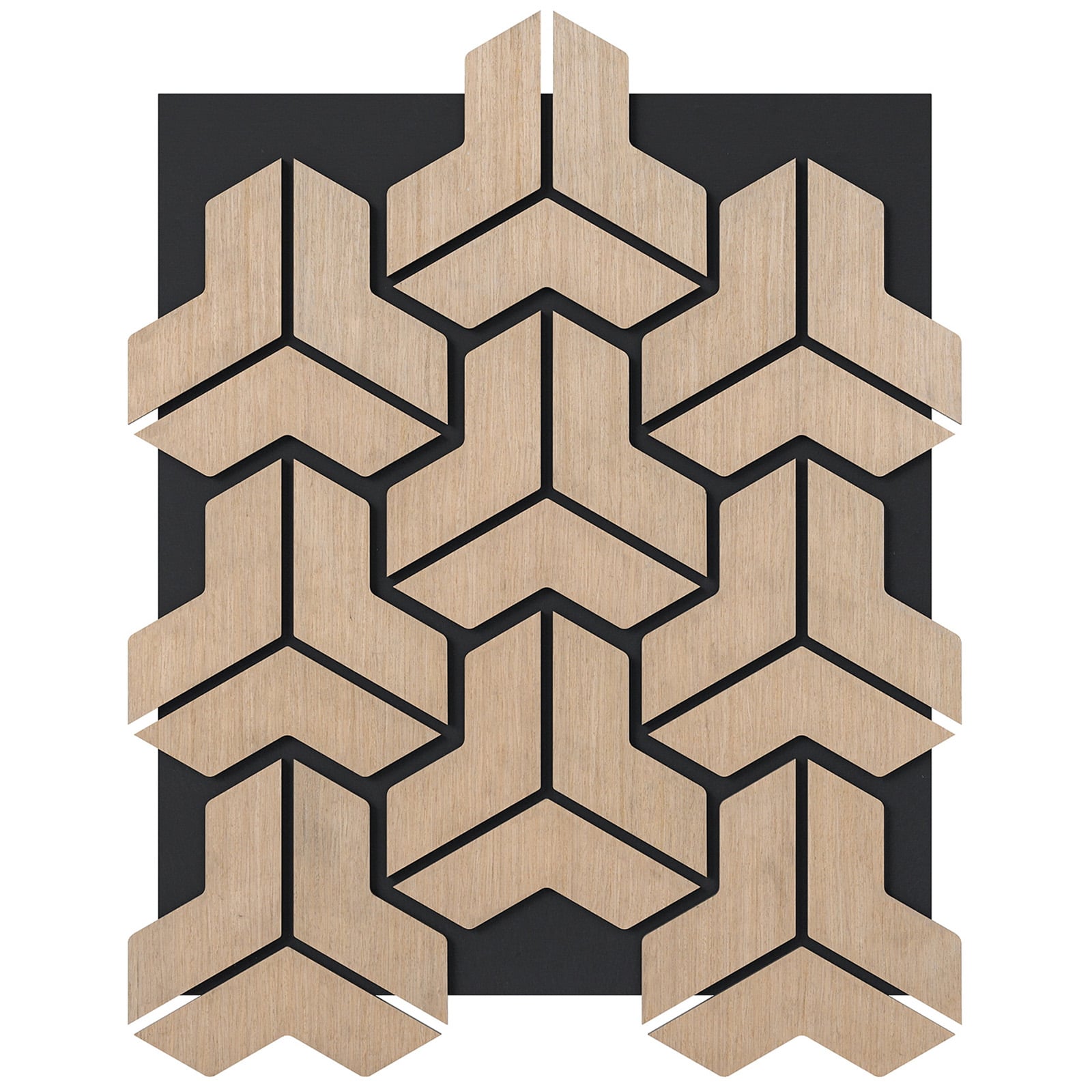 4 akustilise seinapaneeli komplektis, 27 ebakorrapärase kujuga puitliistu. Heli neelavad paneelid.