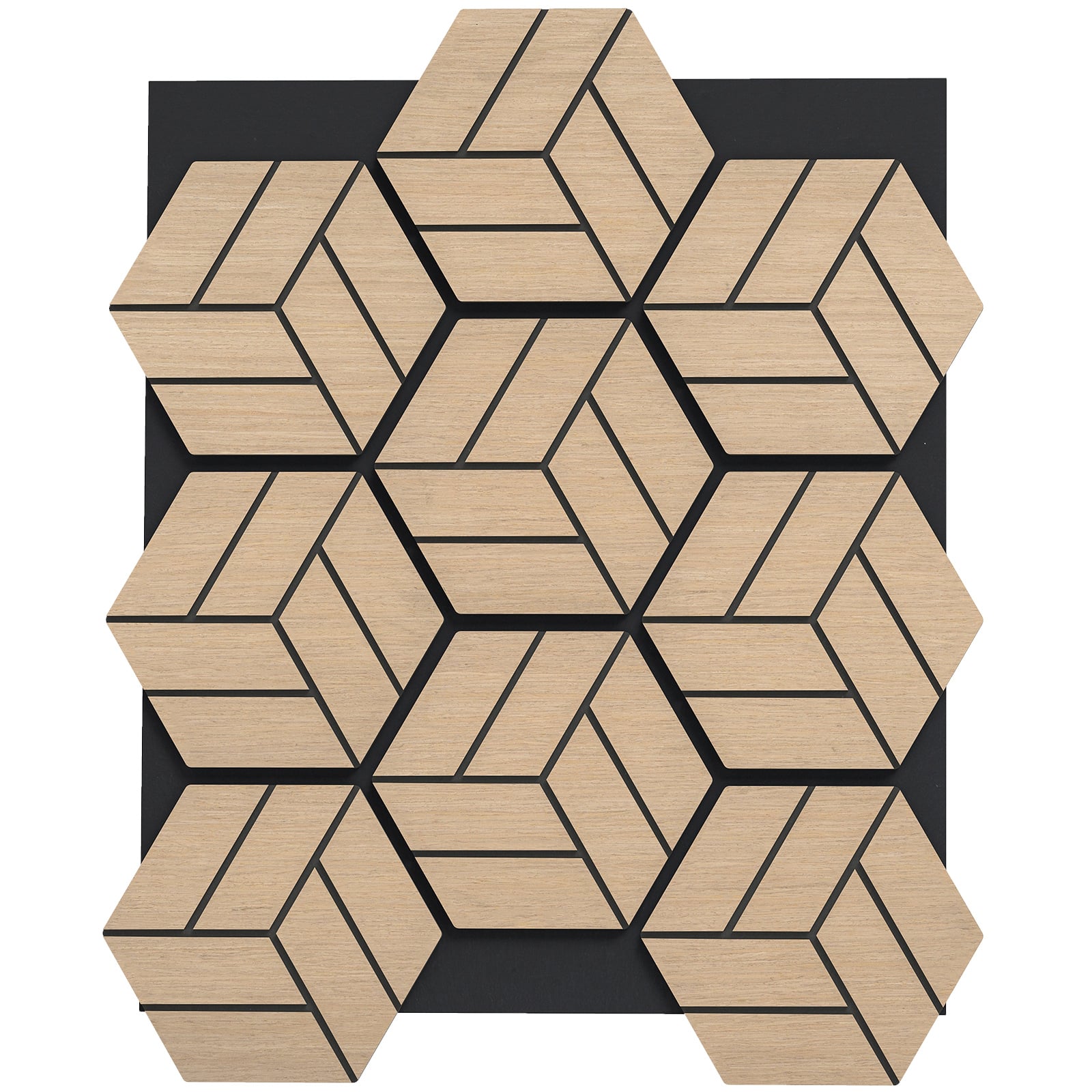 4-osaline akustiline seinapaneel 81x66 cm, 9 kuusnurkset puidust plaati