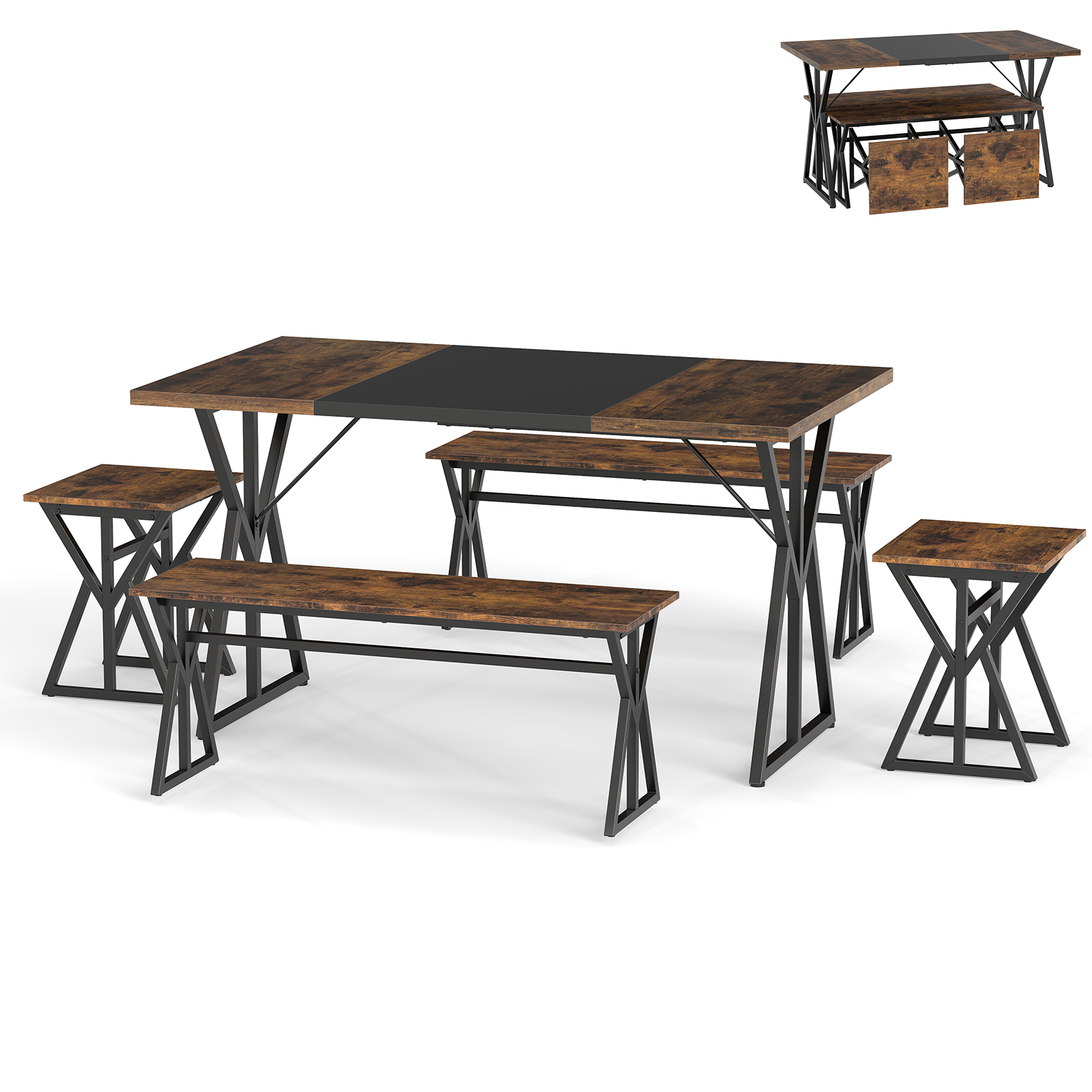 5-osaline söögitoa komplekt 4-6 inimesele, industriaalne ristkülikukujuline köögilaud 2 pingiga, vintage pruun