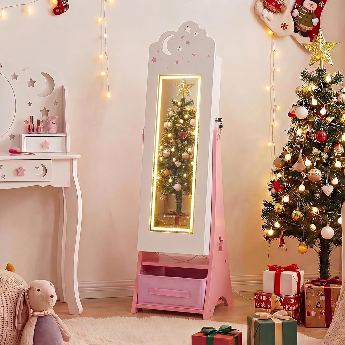 Laste ehtekapp valgustusega, laste ehtekorraldaja täispika peegliga, 4 sensorvalgustit, valge