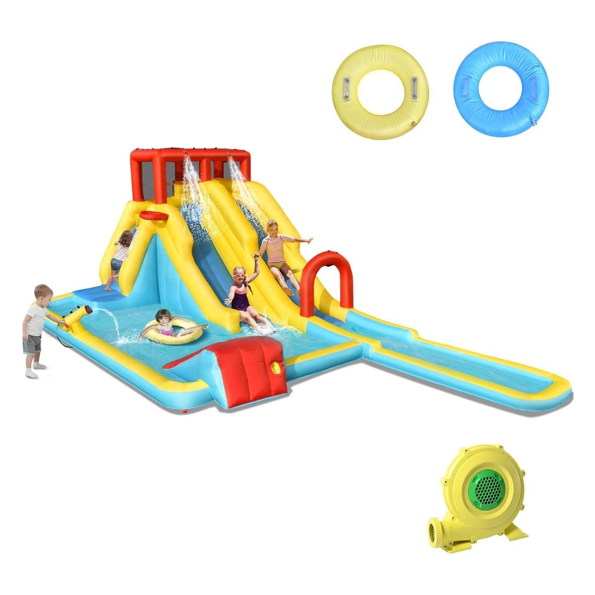 Täispuhutav veeslaid topeltslaidi ronimisseina ja korvpallikorviga batuut õues veekeskus