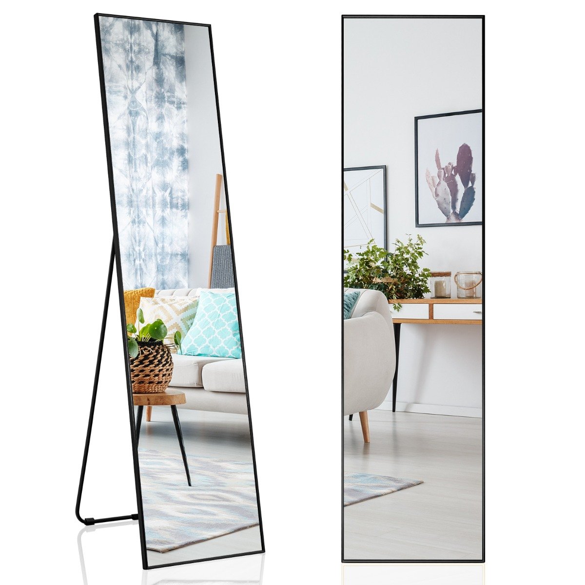 Kaks-ühes purunemiskindlast klaasist täispikkuses seinapeegel und tugijalaga põrandapeegel (160x40 cm), must