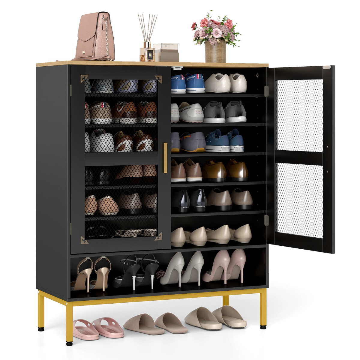 Puidust kingakapp reguleeritavate riiulite ja metalljalgadega, 7-tasandiline kingakapp võrgust ustega, must