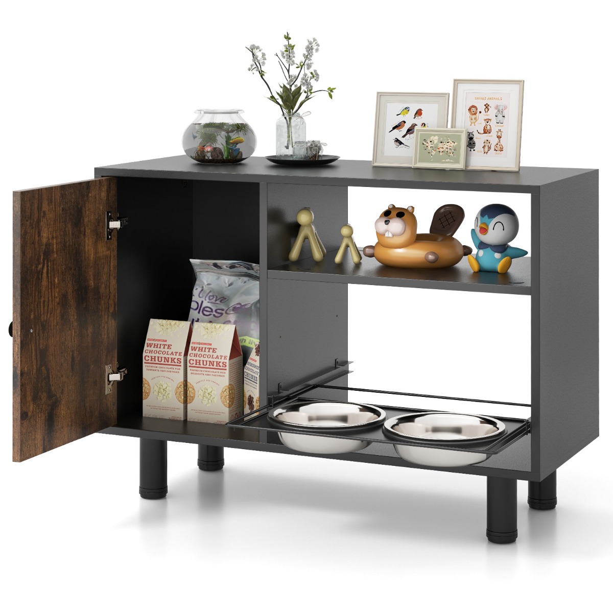 Lemmiklooma söötmiskapp 2 roostevabast terasest väljatõmmatava kausiga