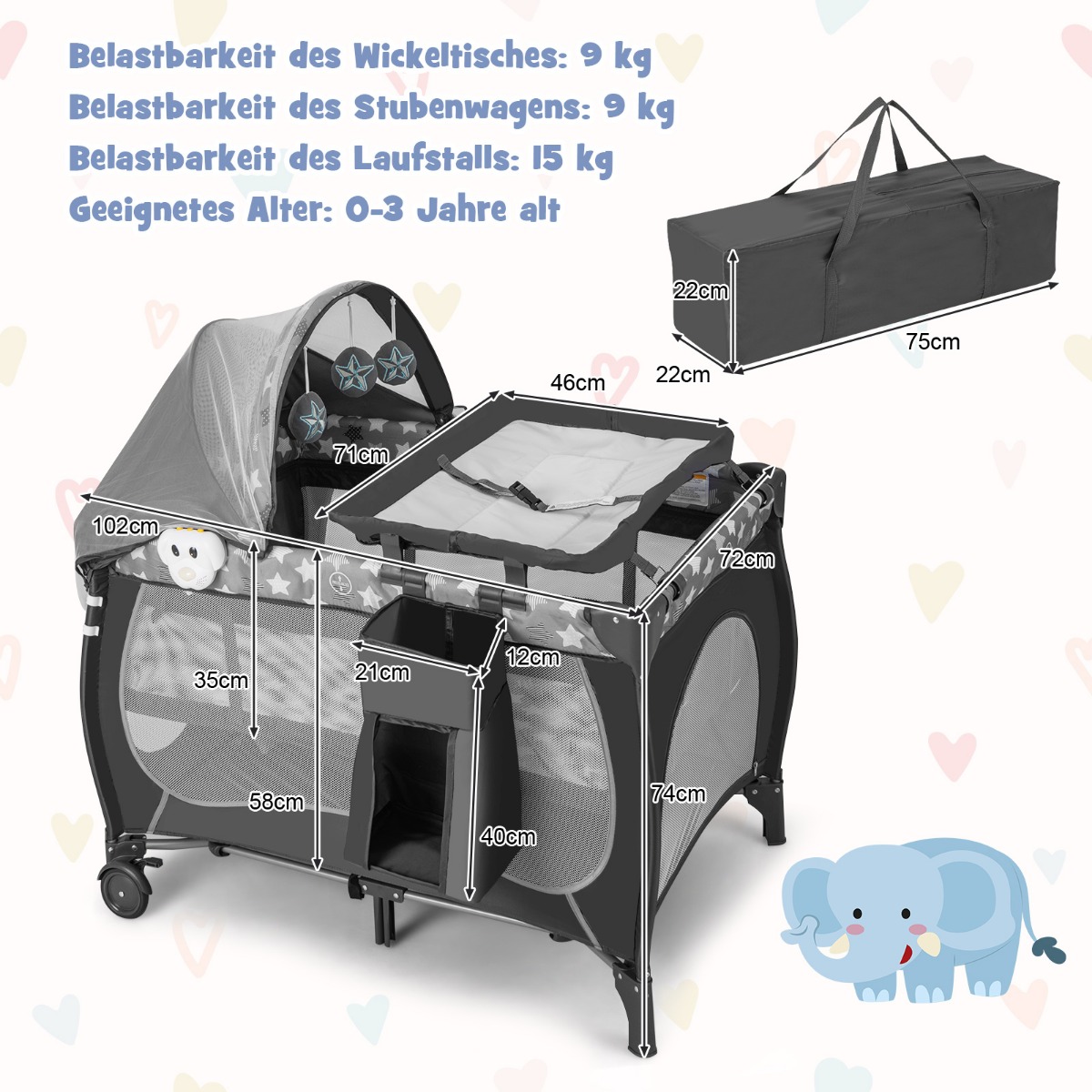 Viis-ühes kaasaskantav beebivoodi, reisivoodi, lisavoodi ja mänguaedik kokkupandava madratsiga (102 cm), hall