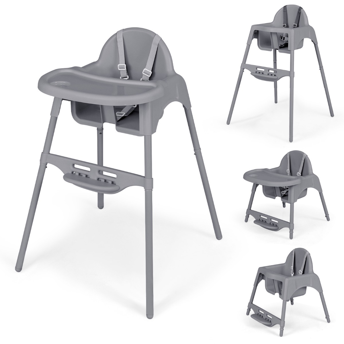 4-ühes kõrge söögitool beebile eemaldatava kandikuga lastetool hall