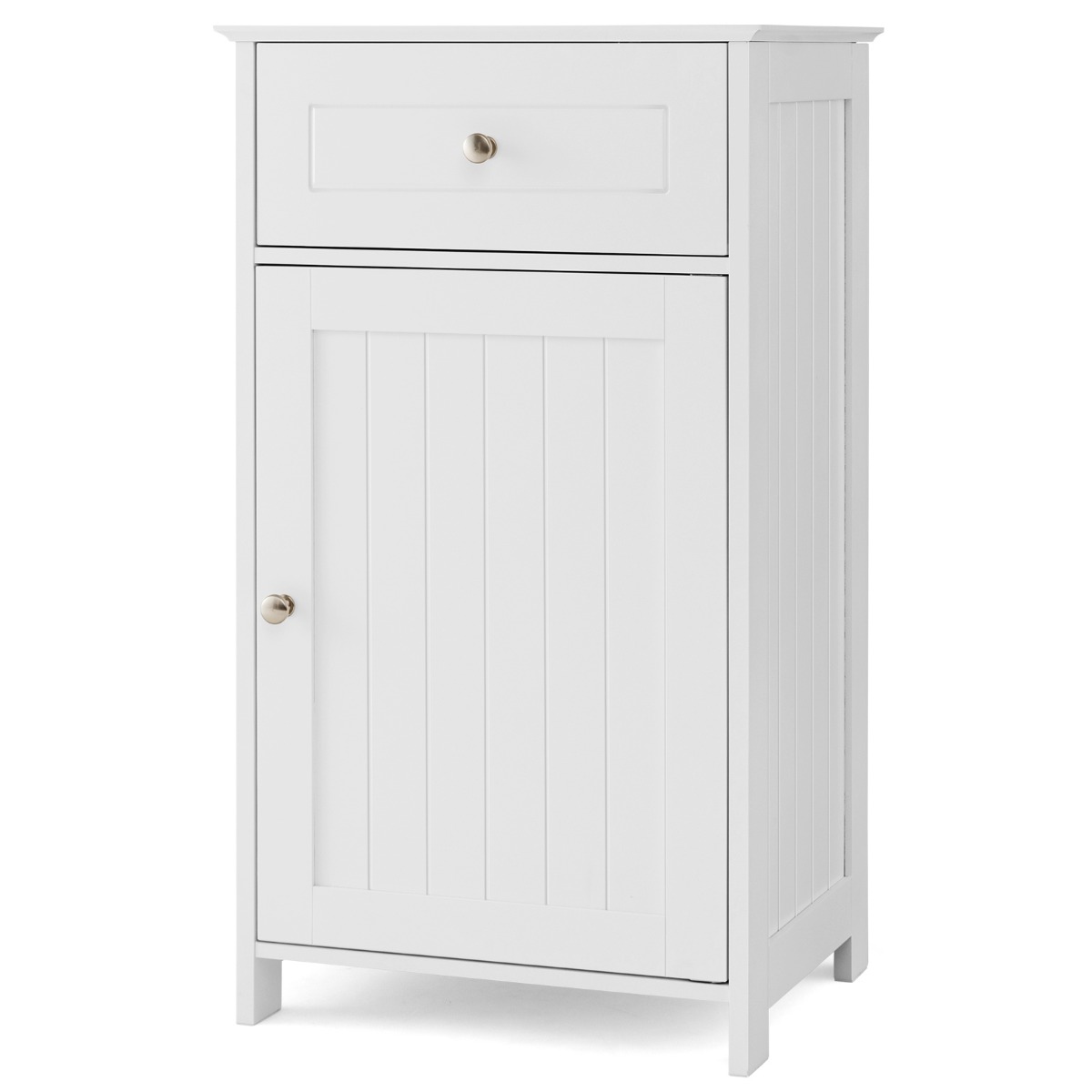 Kitsas ühe sahtli ja uksega puidust vannitoakapp ning kompaktne universaalne abikapp (43 x 34 x 77 cm), valge