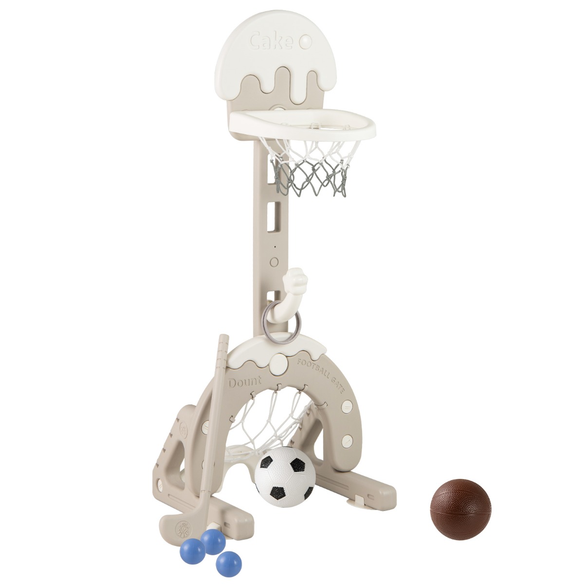 4-ühes laste korvpallikorvi komplekt kõrguse reguleeritav korvpallialus jalgpalliväravaga hall