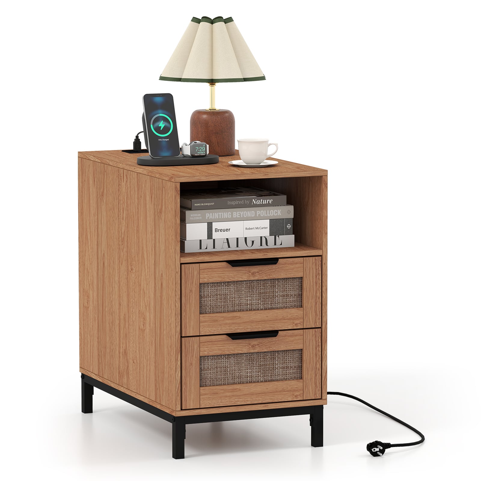 Öökapp rattanist, laadimisjaam, 2 sahtlit, naturaalne