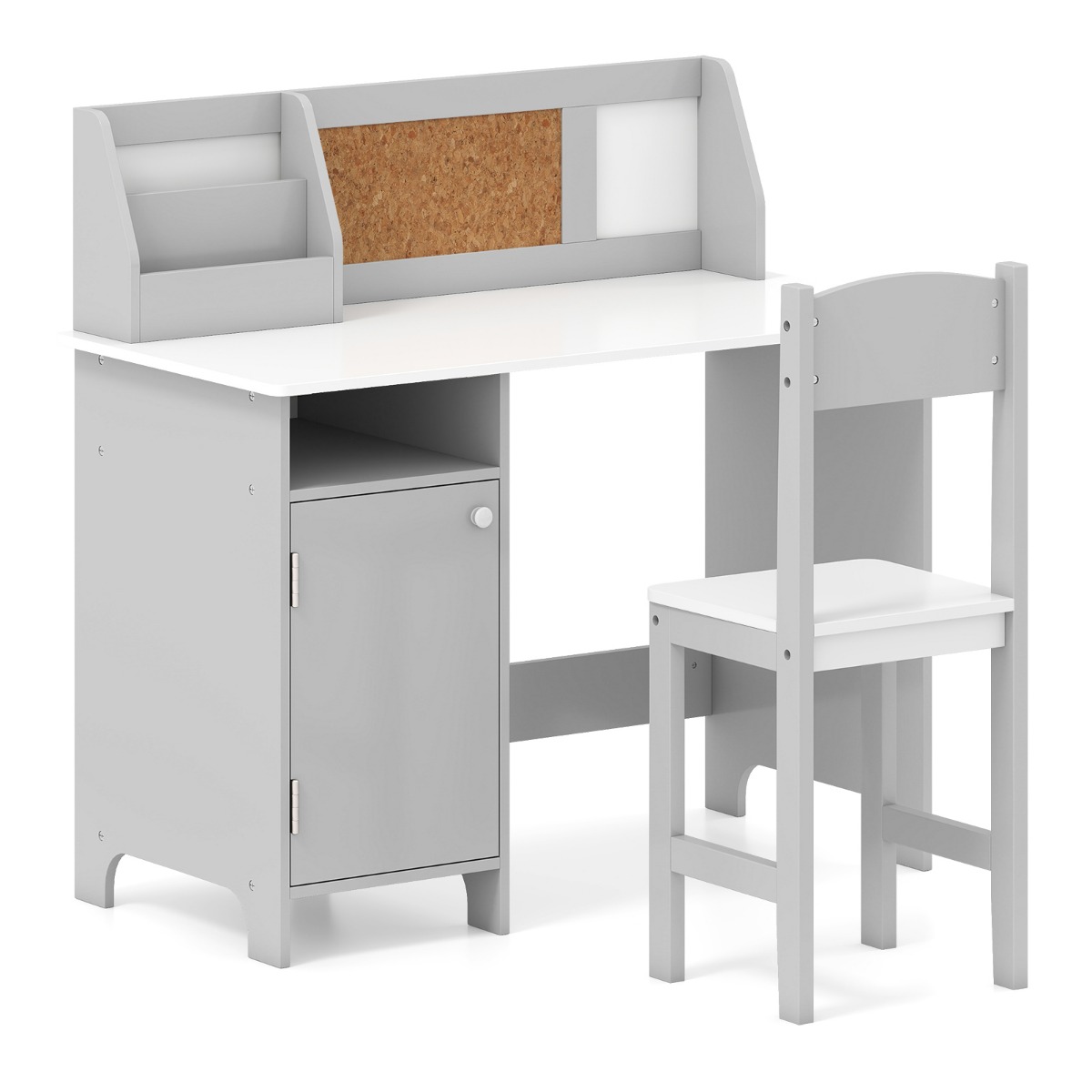 Laste laud tooliga, puidust teadetetahvel ja raamaturiiul elutuppa või laste magamistuppa, vanuses 3+, hall