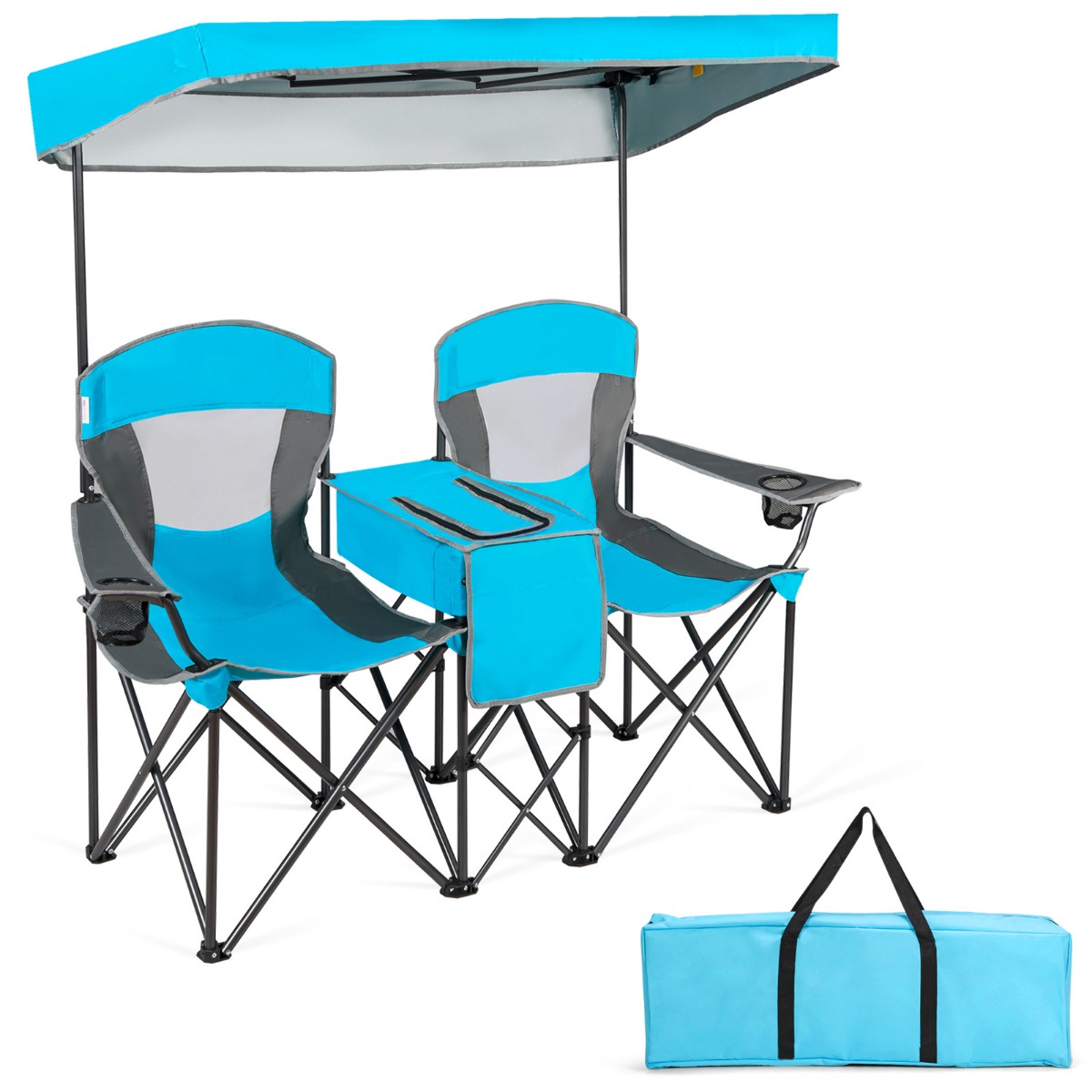 2-kohaline matkatool päikesekaitsega minilaud kokkupandav kalatool koos kandekotiga 166 x 71 x 151 cm sinine