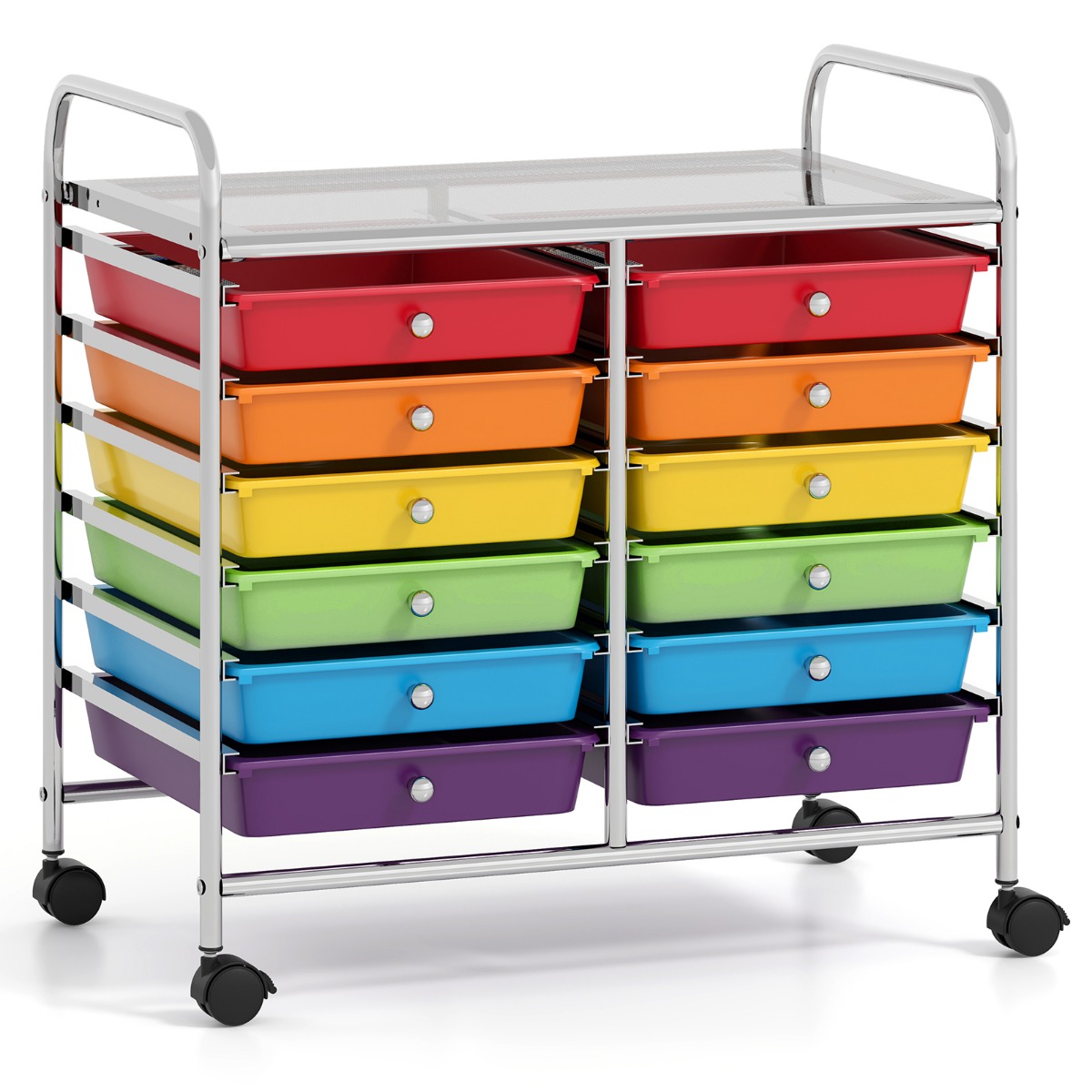 Riiulikäru 12 virnastatava sahtli ja hoiualaga sahtlikäru ratastel mitmevärviline