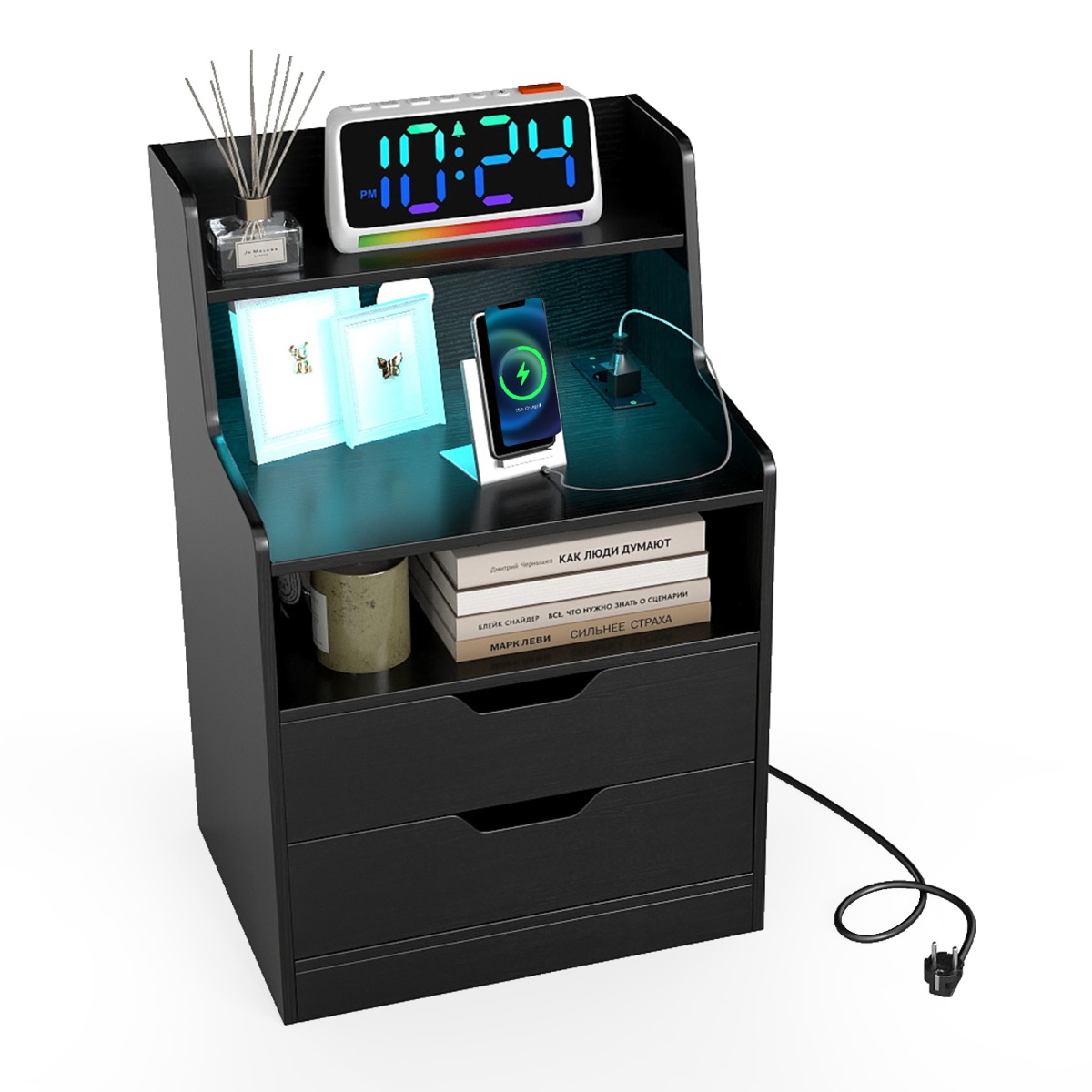 LED-öökapp moodsa laadimisjaama ja ümberminekuvastase komplektiga elutuppa, must magamistoa öökapp