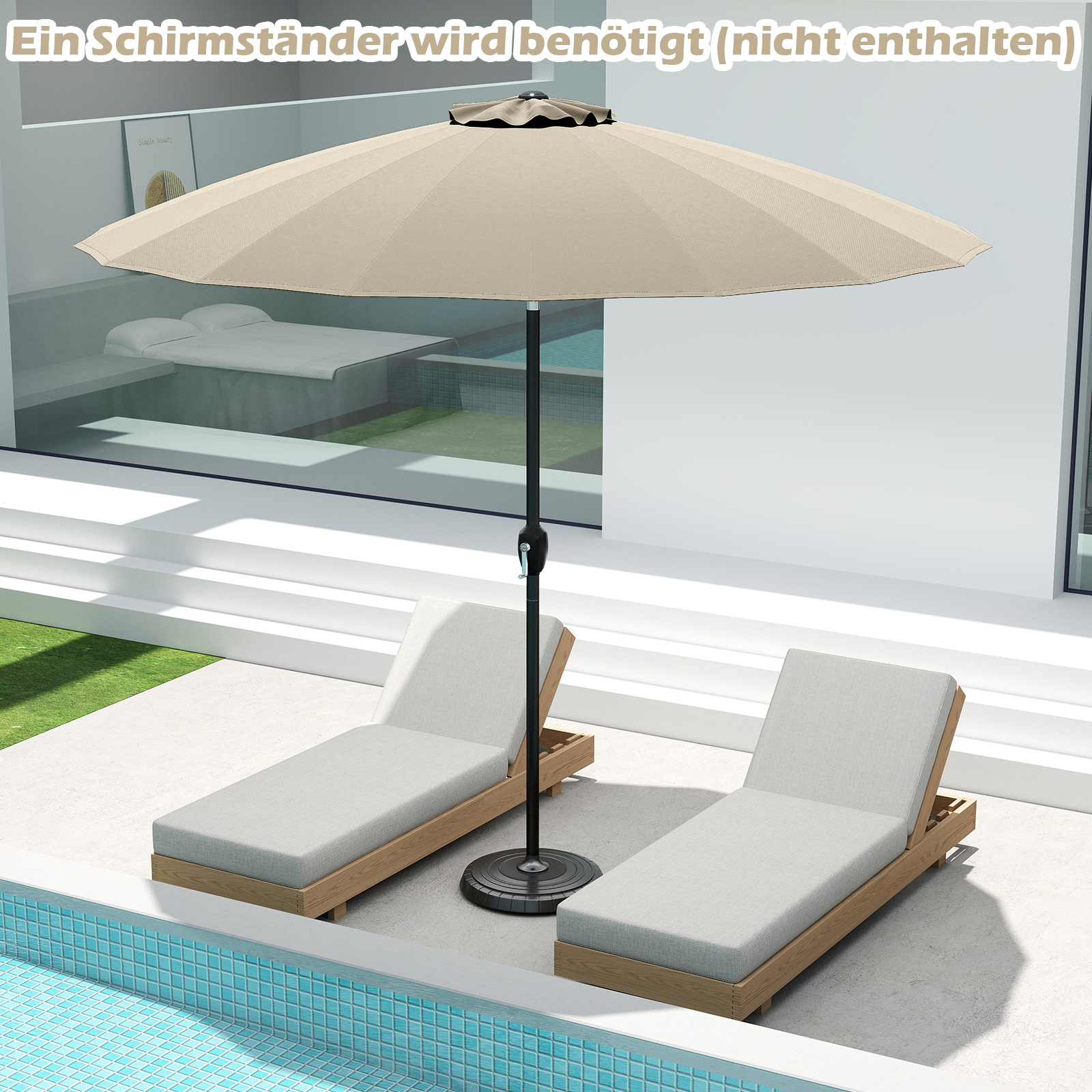 258 cm pikkune aia päikesevari vändaga avamiseks/sulgemiseks, 35° mõlemale poole kallutatav, beež