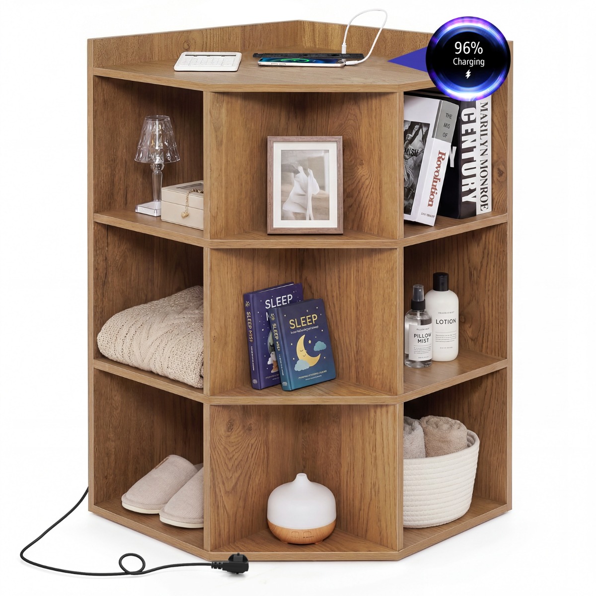 Nurgariiul laadimisjaamaga, nurgariiul 9 sektsiooniga, 2 USB-porti ja 4 pistikupesaga, naturaalne viimistlus