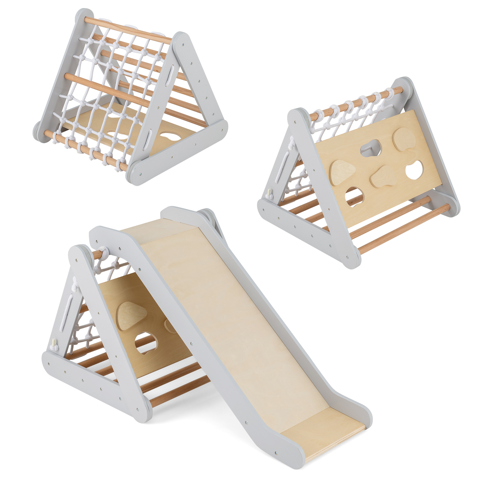 4 ühes ronimiskolmnurk liumäega puidust ronimisraam 625 x 64 x 575 cm hall