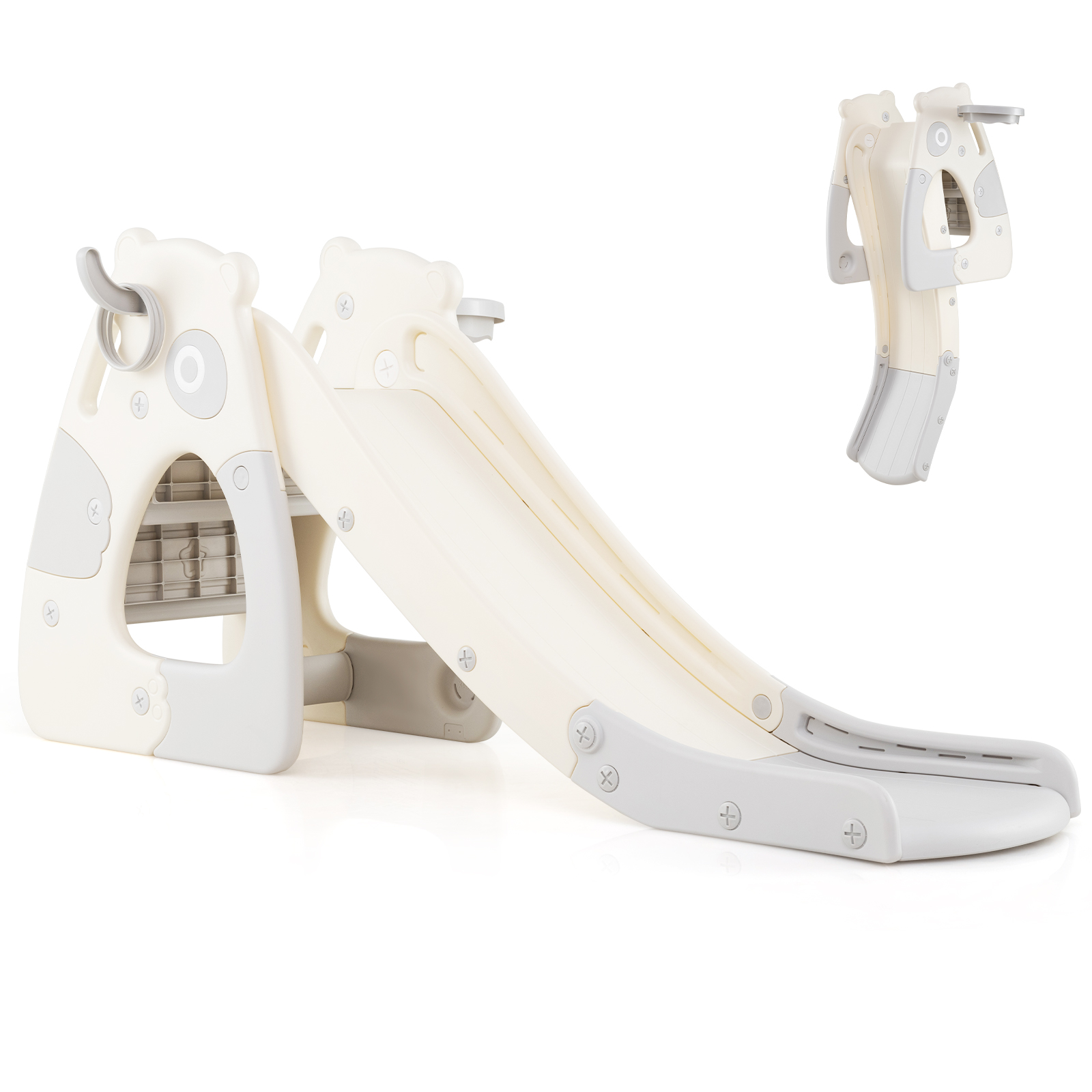 Kokkupandav väikelaste liumägi iseseisev beebiliumägi ronimisraam koos korvpallikorviga hall