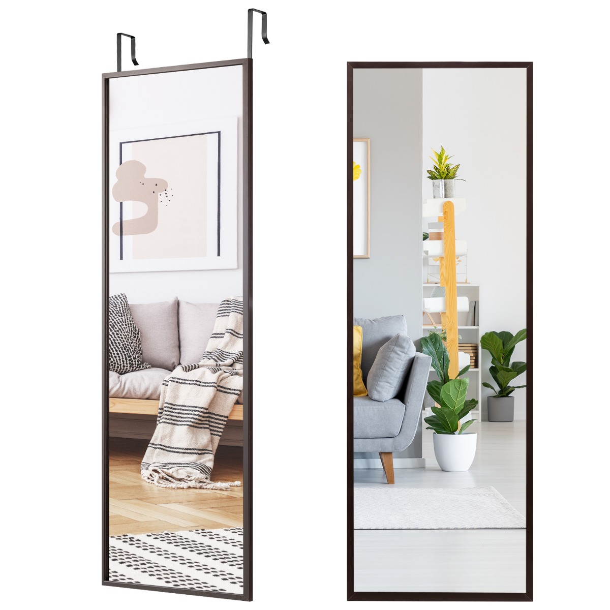 Täispikkuses seinapeegel reguleeritava kõrgusega riputuskonksudega (36,5x1,5x107 cm), pruun
