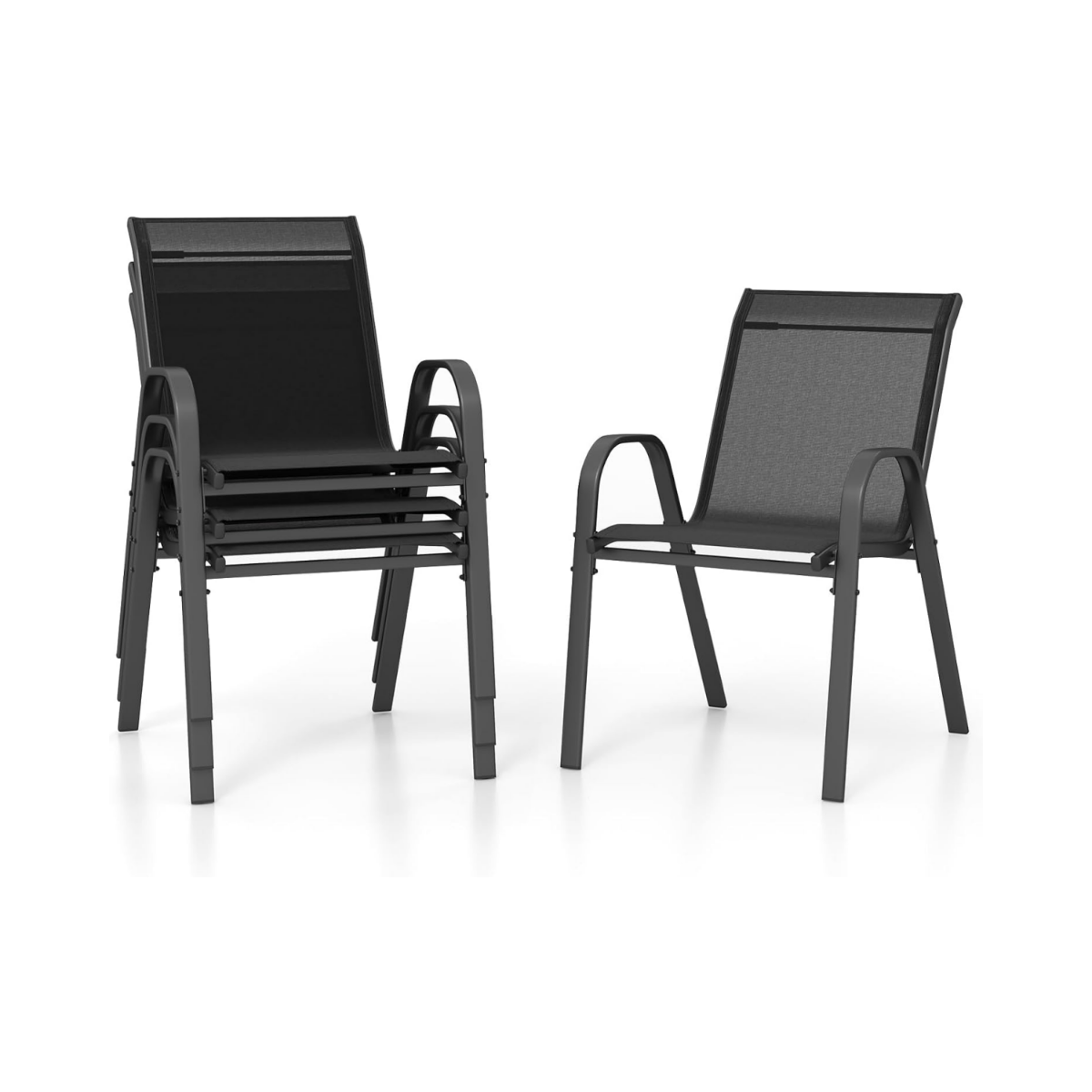 Komplektis 4 tekstiilist ja metallraamiga virnastatavat aiatooli 56 x 70 x 84 cm must