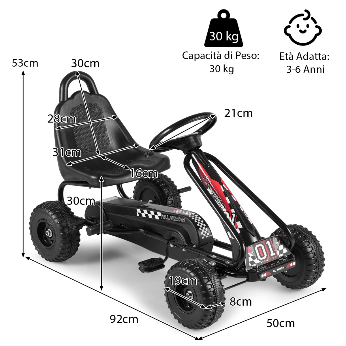 Mängukart reguleeritava istme ja stabiilse käsipiduriga, vastupidav pedaalidega kart lastele, must