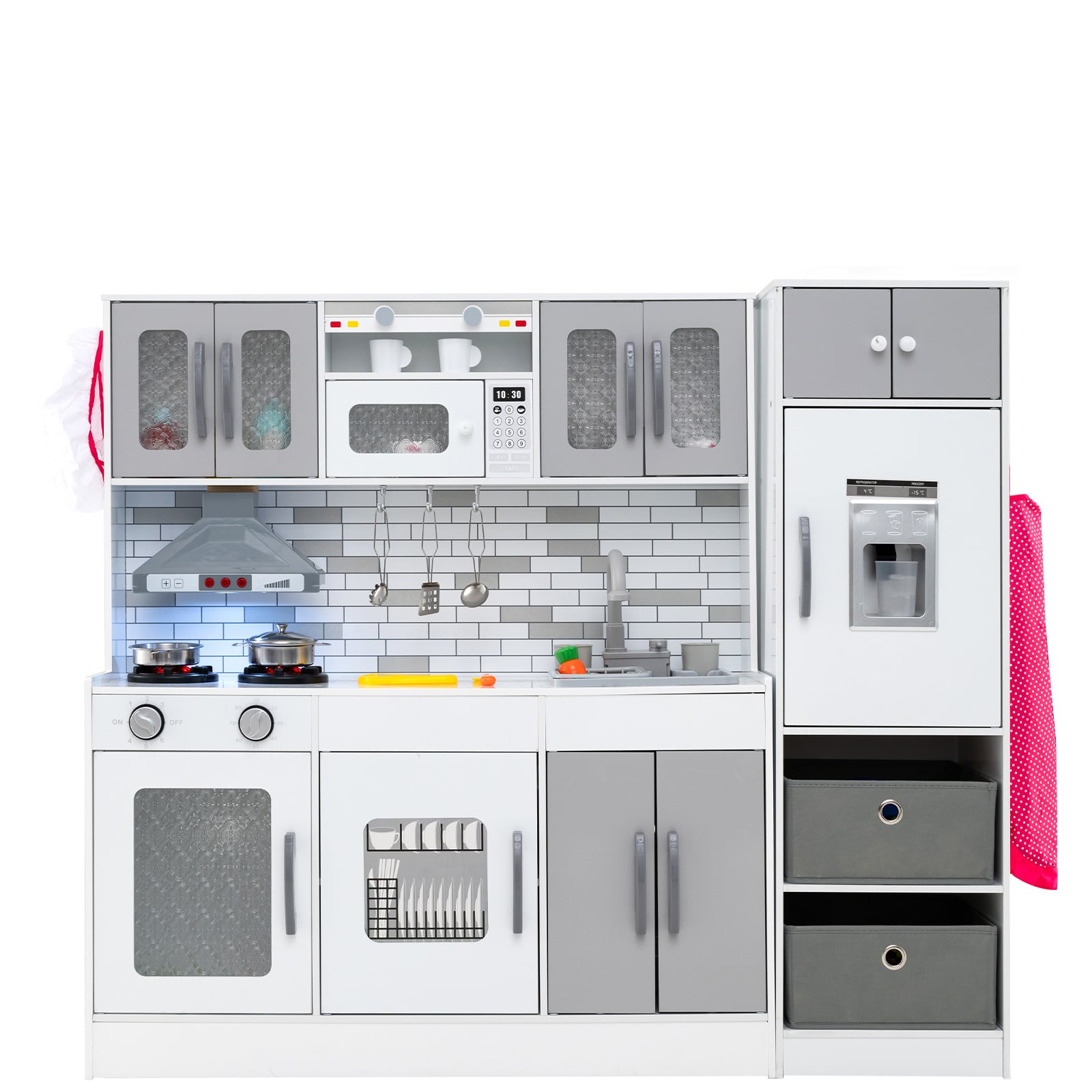 Puidust köögimängukomplekt valguse ja heliga, suur moodulköök ja külmkapp, hall