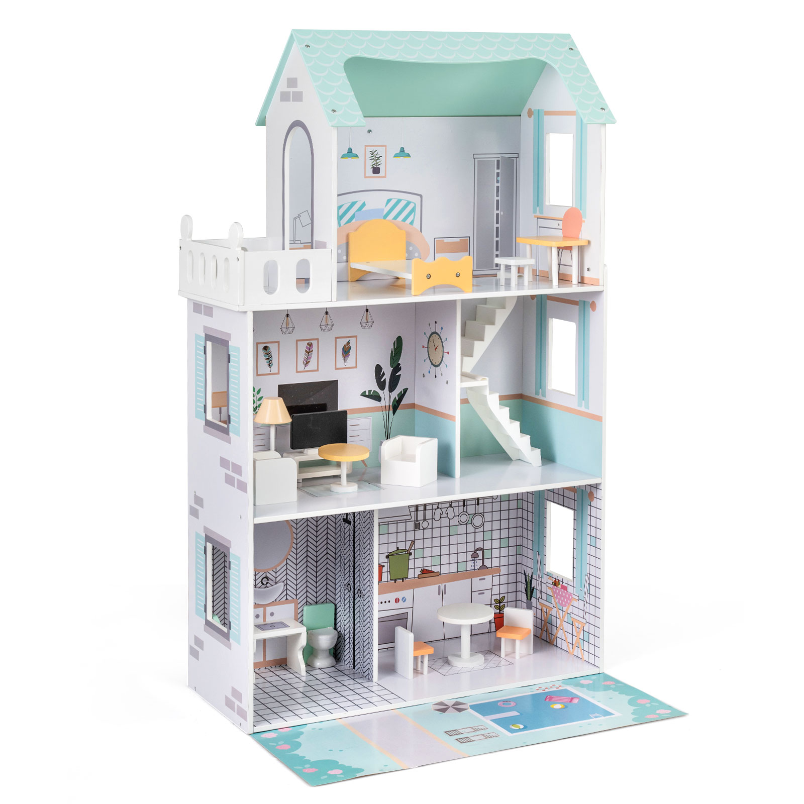 Puidust nukumaja 17-osalise mööblikomplekti ja trepitarvikutega, roheline