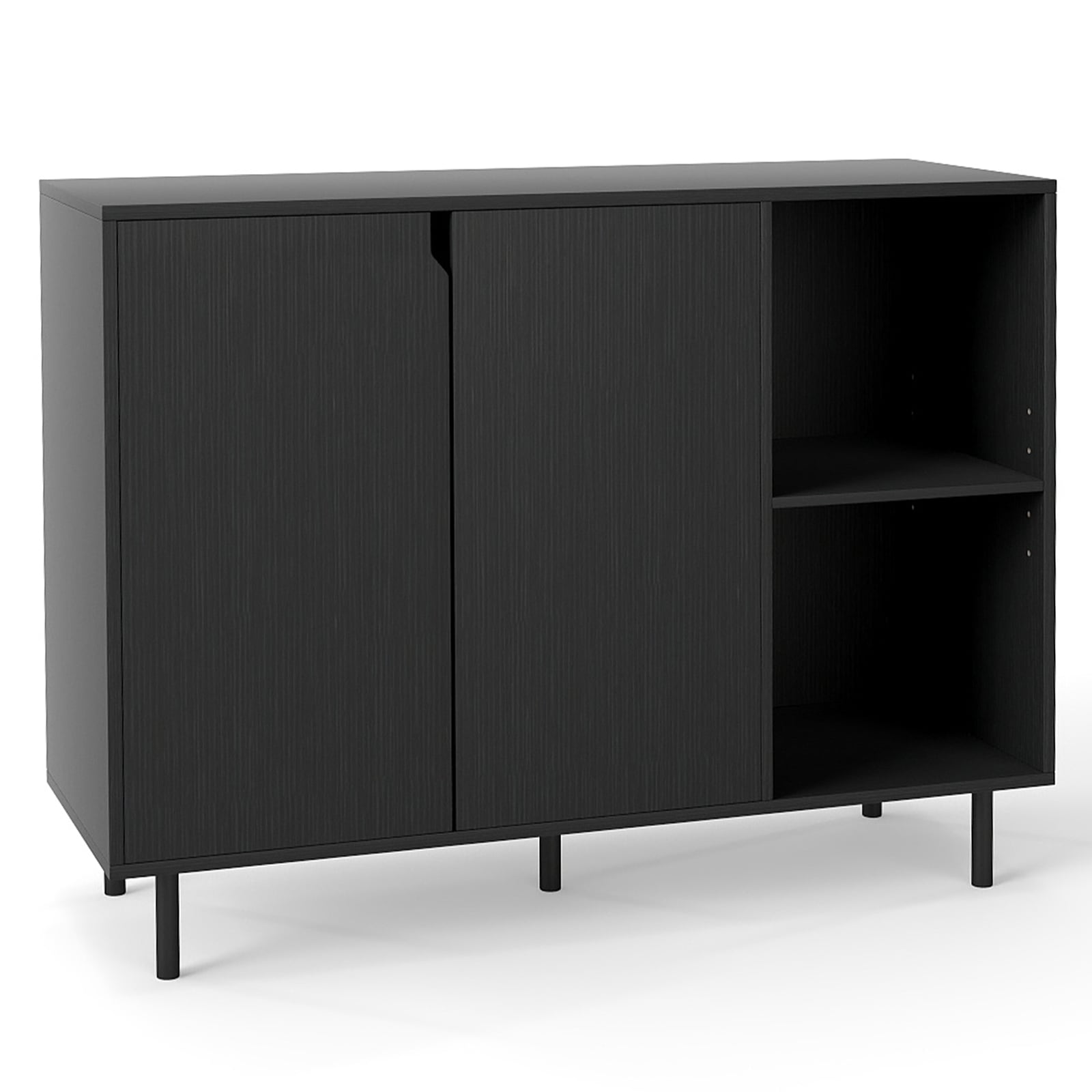 Puidust kummut 4 sektsiooni, 2 ukse ja reguleeritavate riiulitega, buffet-kapp, köögikapp, must