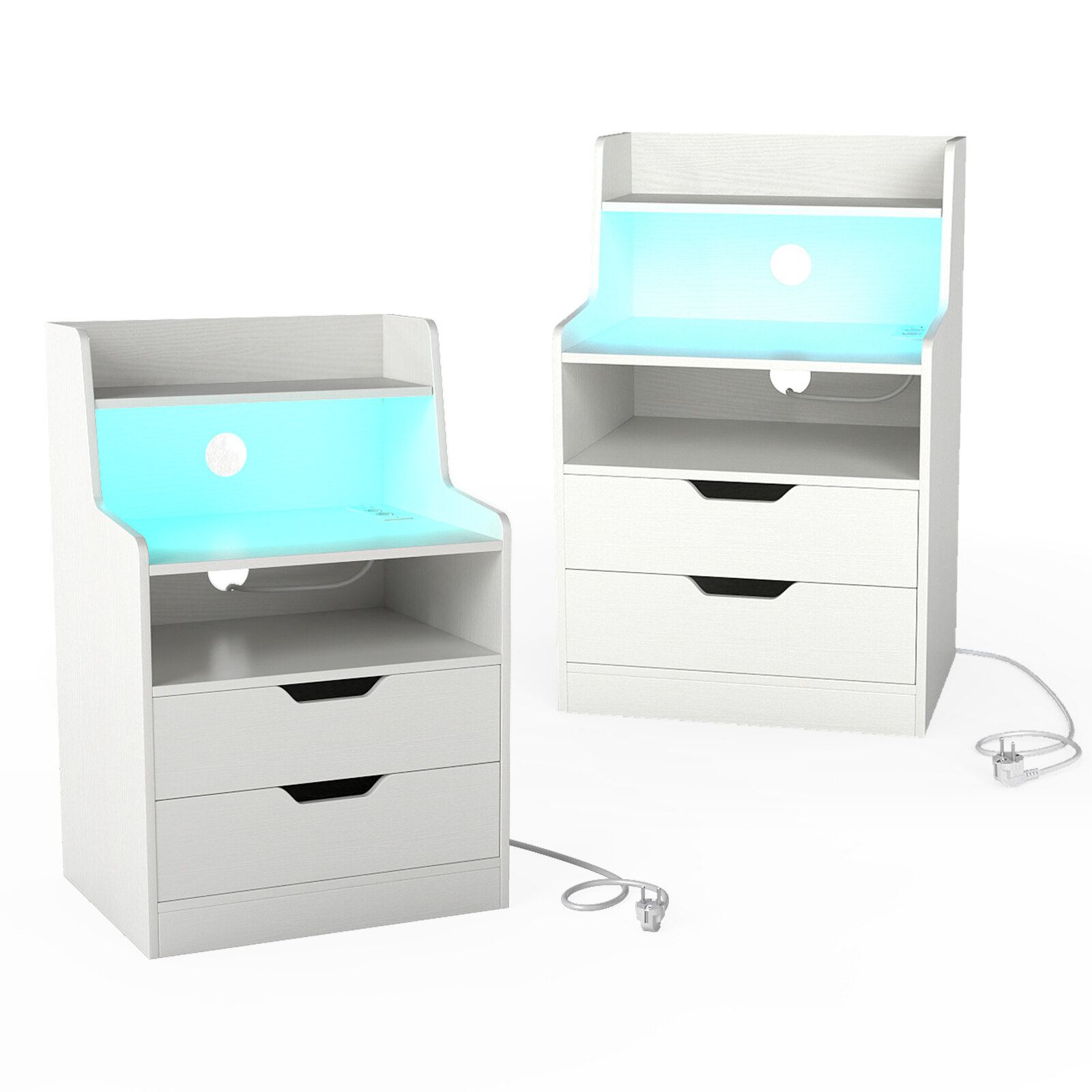 2 LED-öökappi laadimisjaama, 2 sahtli ja avatud riiuliga, valge