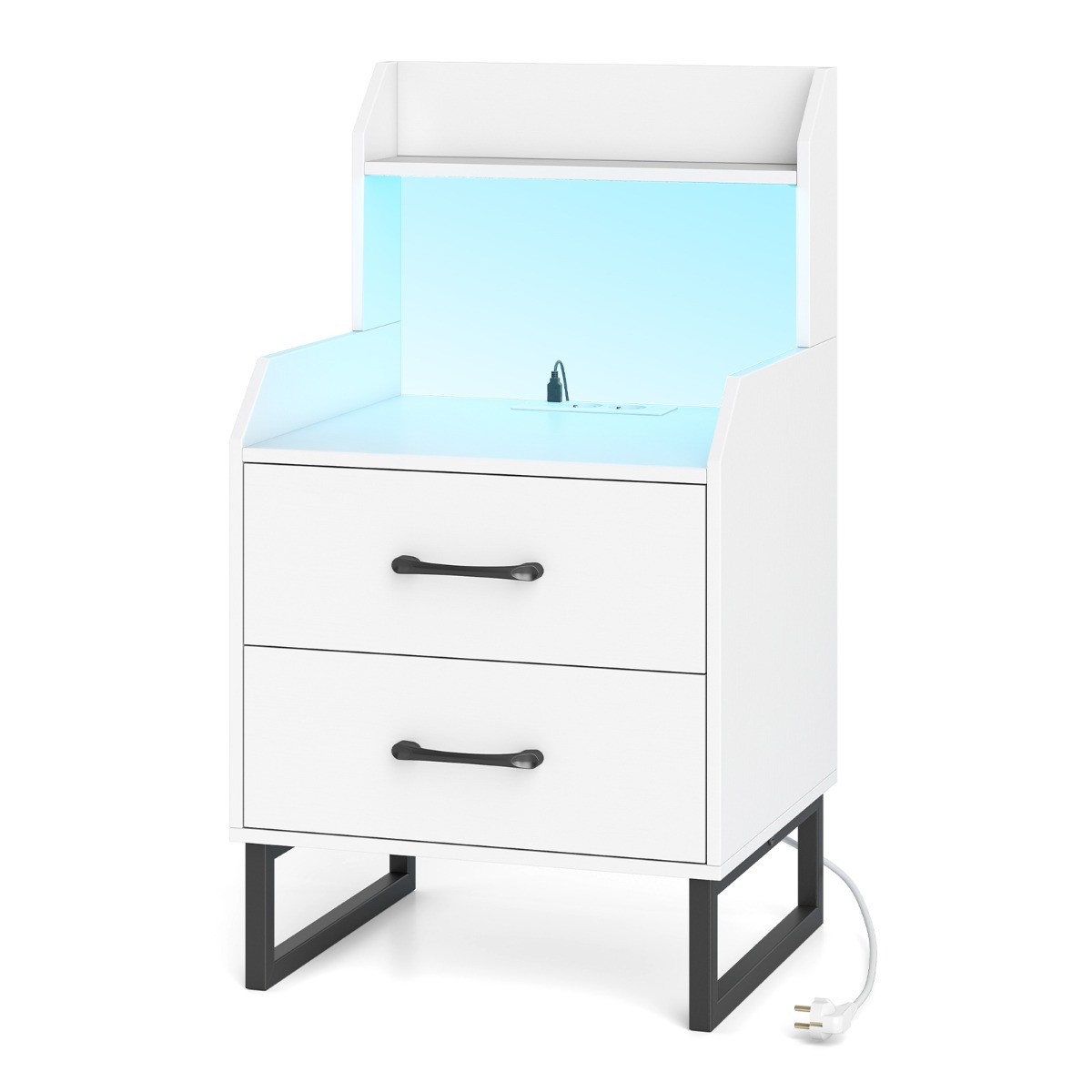 Öökapp integreeritud laadimisjaamaga, LED-tulede ja kahe sahtliga. Moodne abilaud, valge.