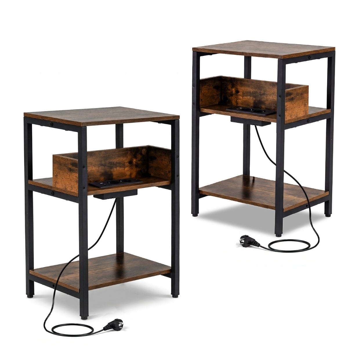 2 laadimisjaamaga külglaua komplekt, 3-korruseline otsalaud hoiuriiulitega, maalähedane pruun öökapp