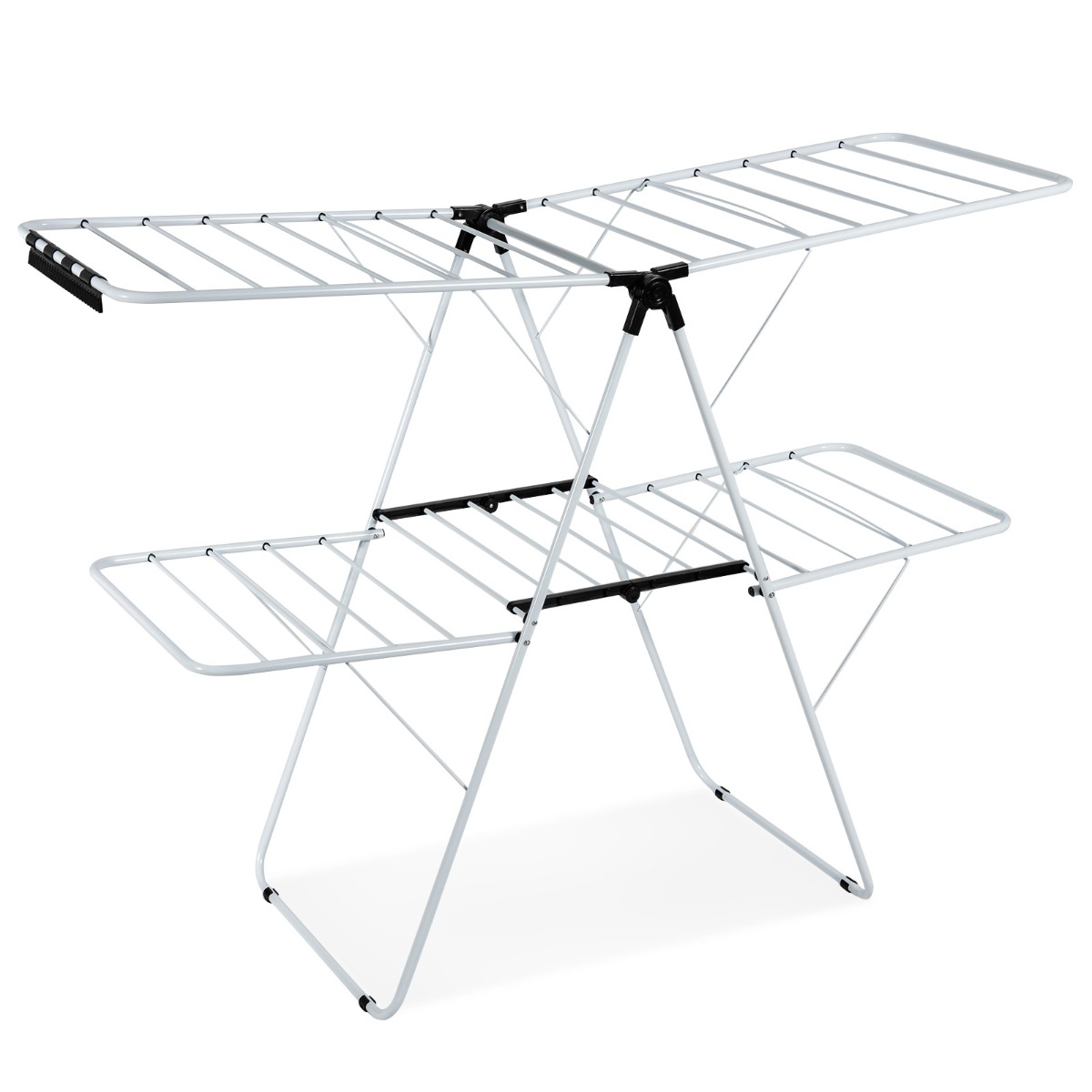 Kahetasandiline kokkupandav riidekuivatusrest ja reguleeritavate tiibadega kuivatusraam (154 x 55,5 x 112 cm), valge