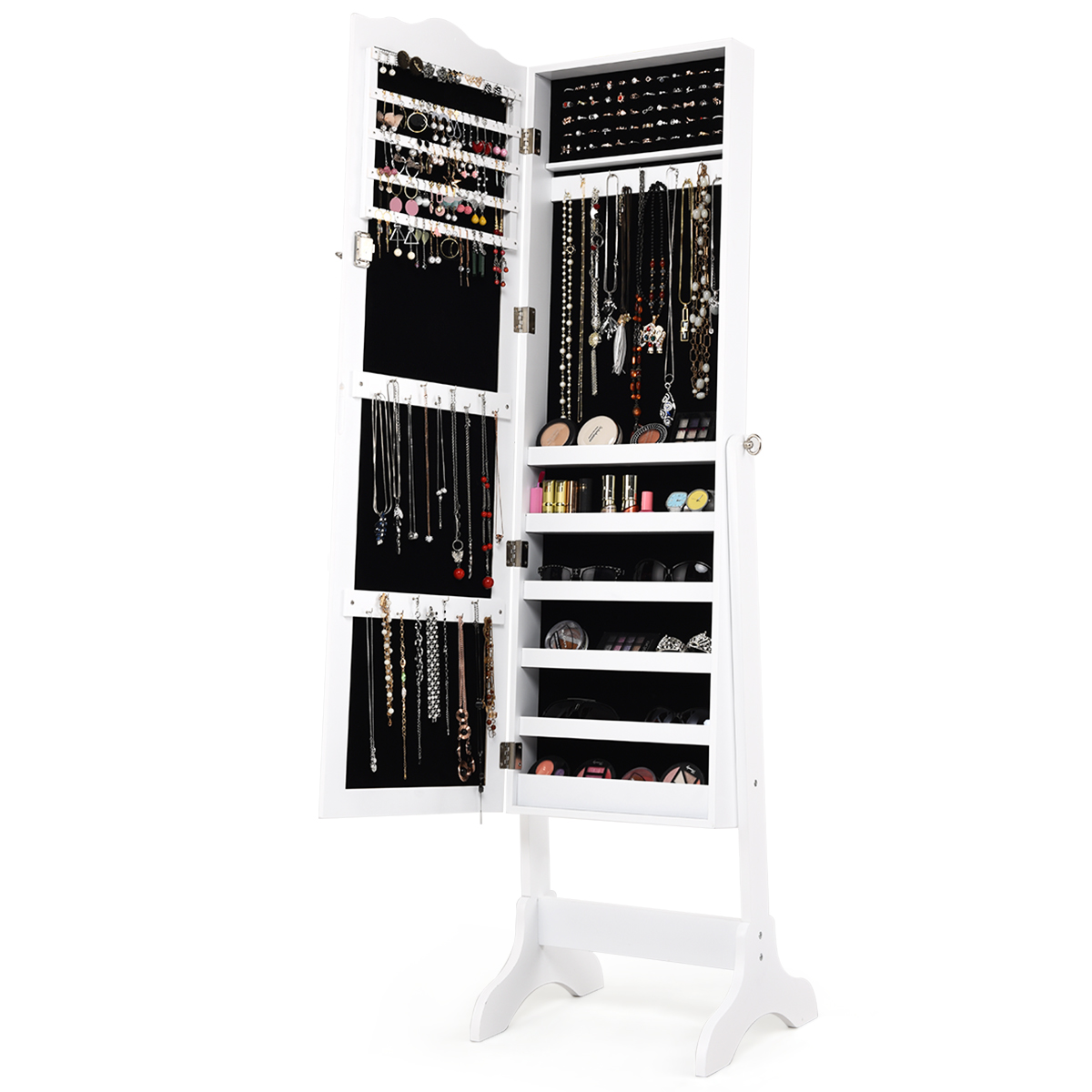 Reguleeritava nurgaga ja täispika peegliga lukustatav ehtekapp, 45x37x160 cm valge