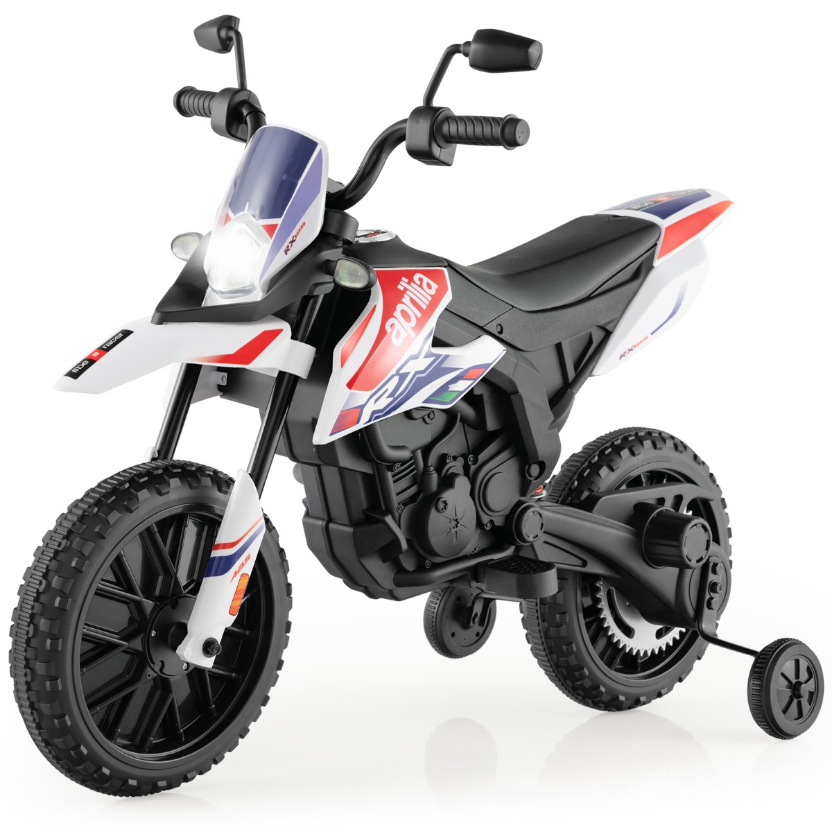 Litsentseeritud Aprilia 12V laste elektrimootorratas, abirataste, muusika und LED-esituledega krossikas, valge