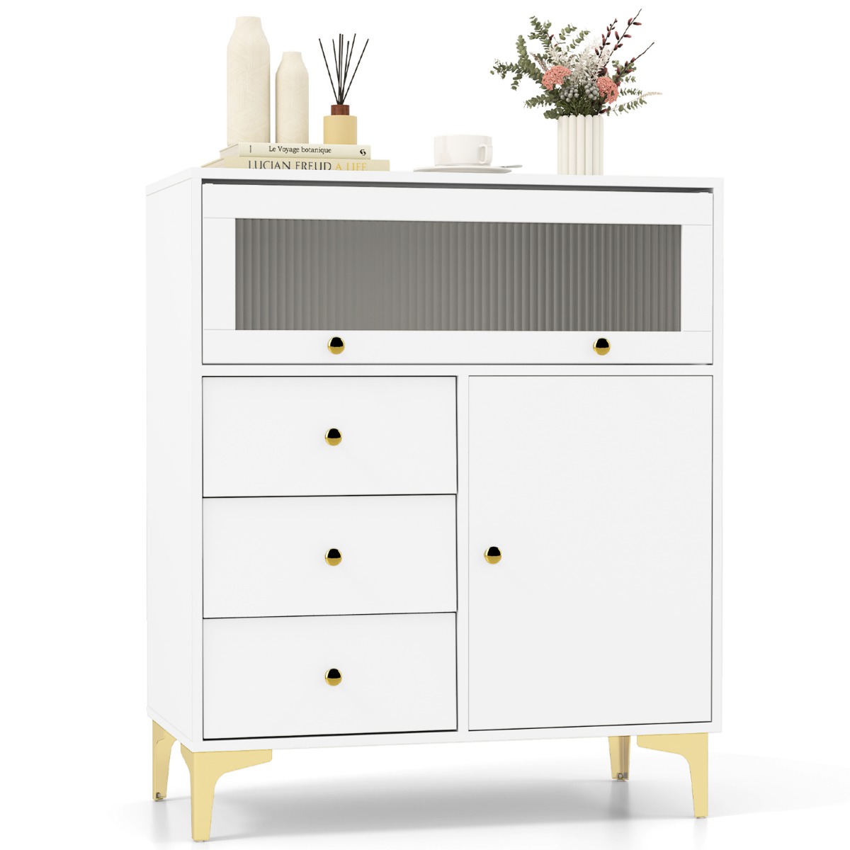 Kummut 3 sahtli ja 2 uksega kõrge klaasist uksega kapp 80 x 40 x 955 cm valge