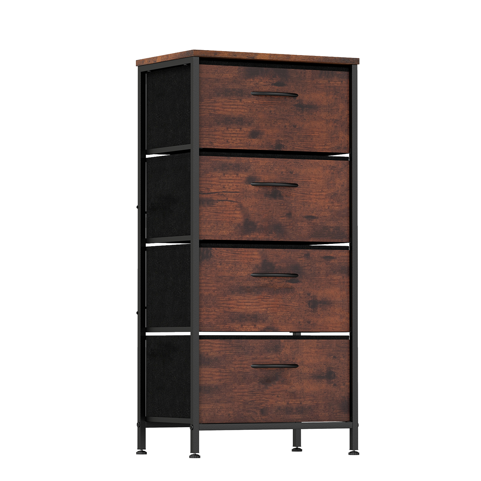 Kummut nelja riidest sahtliga, puidust pealispinna ja metallraamiga, pruun.