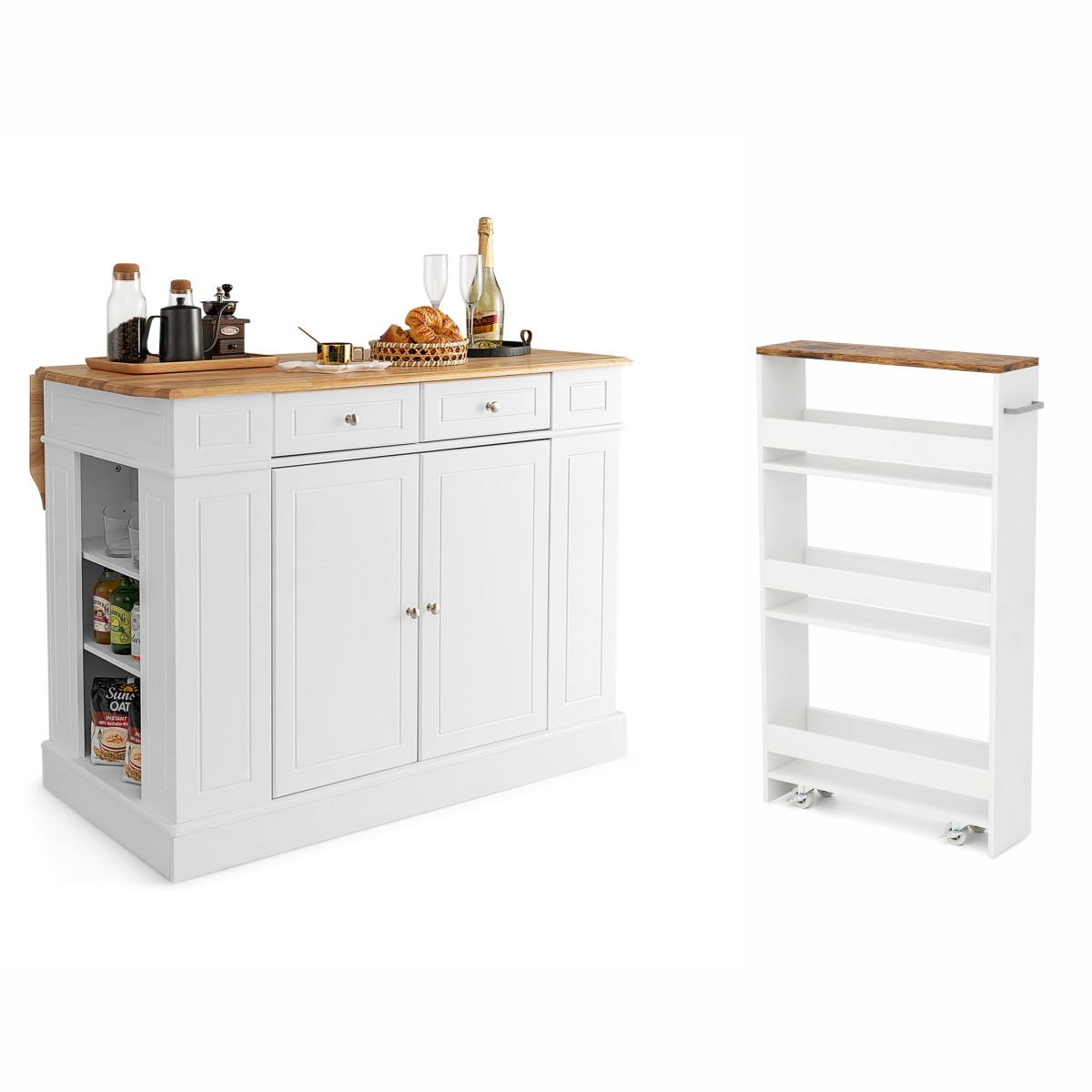 Köögikapp, köögisaar nišikäruga, 13 cm lai, 4 riiulit, valge köögikäru