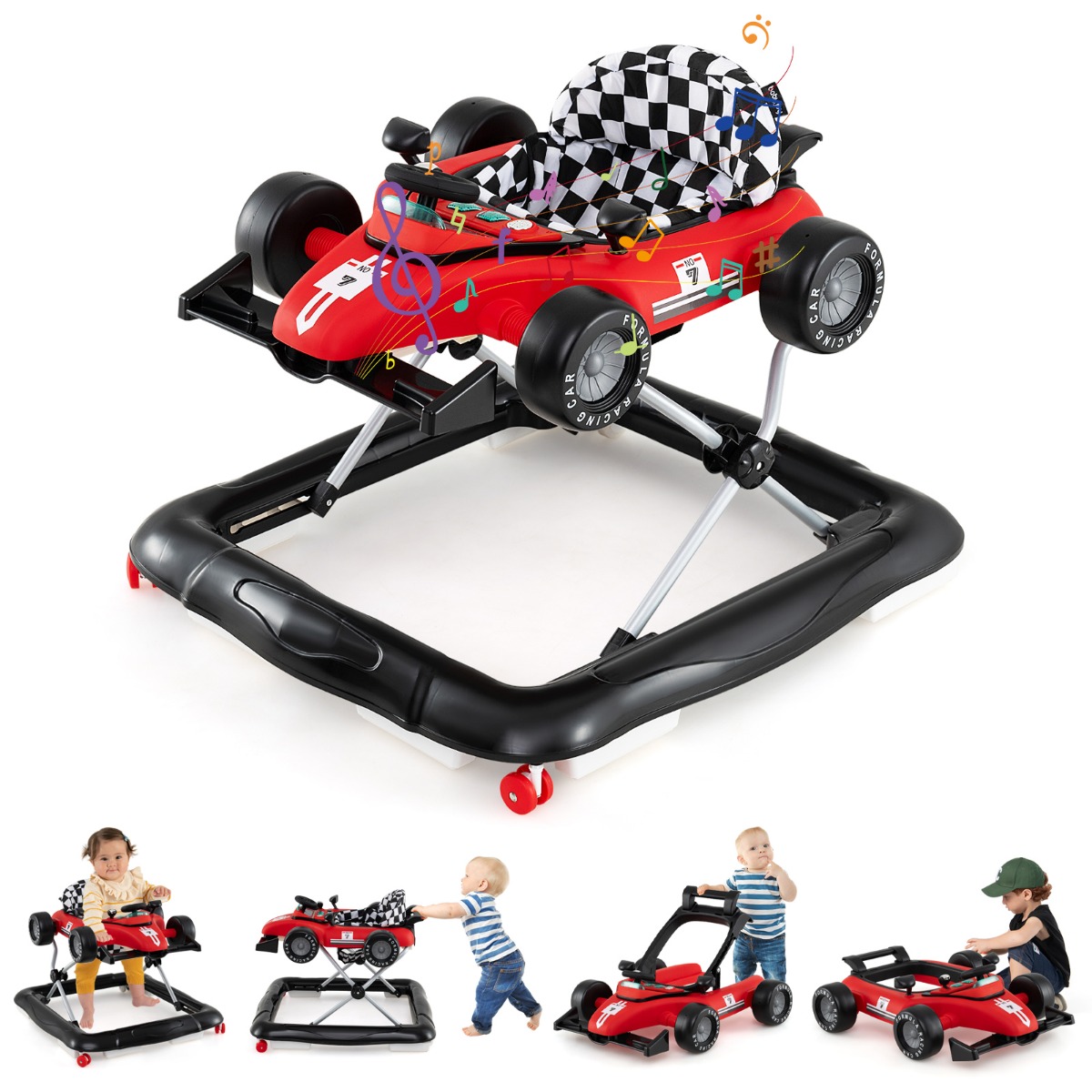 4-ühes käimistugi kokkupandav käimistool reguleeritava kõrgusega auto kujuline punane beebikäru