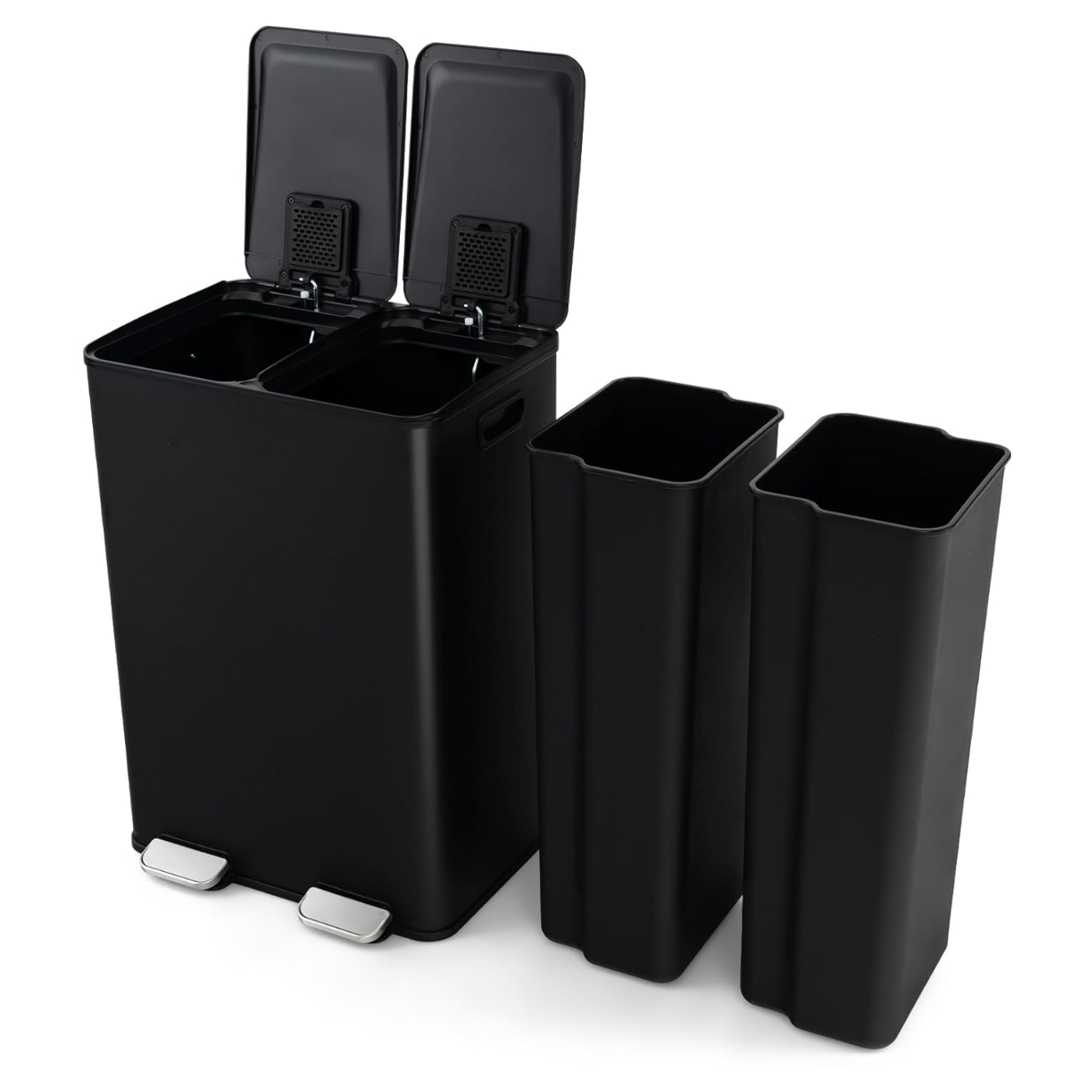 Kahe lahtriga pedaaliga prügikast kööki, vaikselt sulguva kaanega roostevabast terasest prügikast (2 x 30 l), must