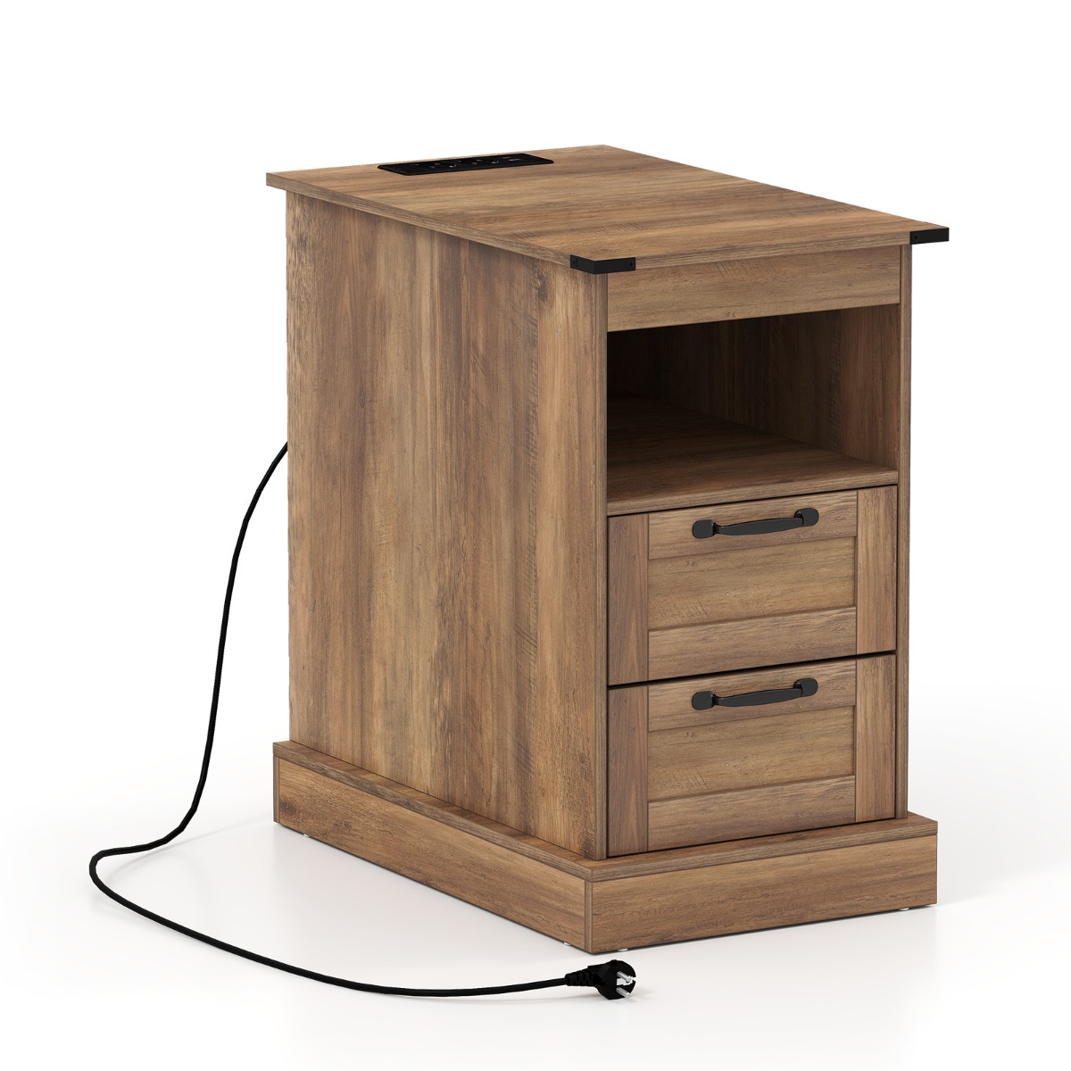 Öökapp laadimisjaamaga, kitsas abilaud avatud hoiuruumi ja 2 sahtliga, pruun