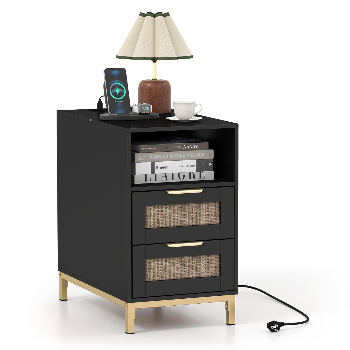 Laadimisjaama ja 2 sahtliga külglaud, rotangist ja puidust öökapp, diivanilaud, must