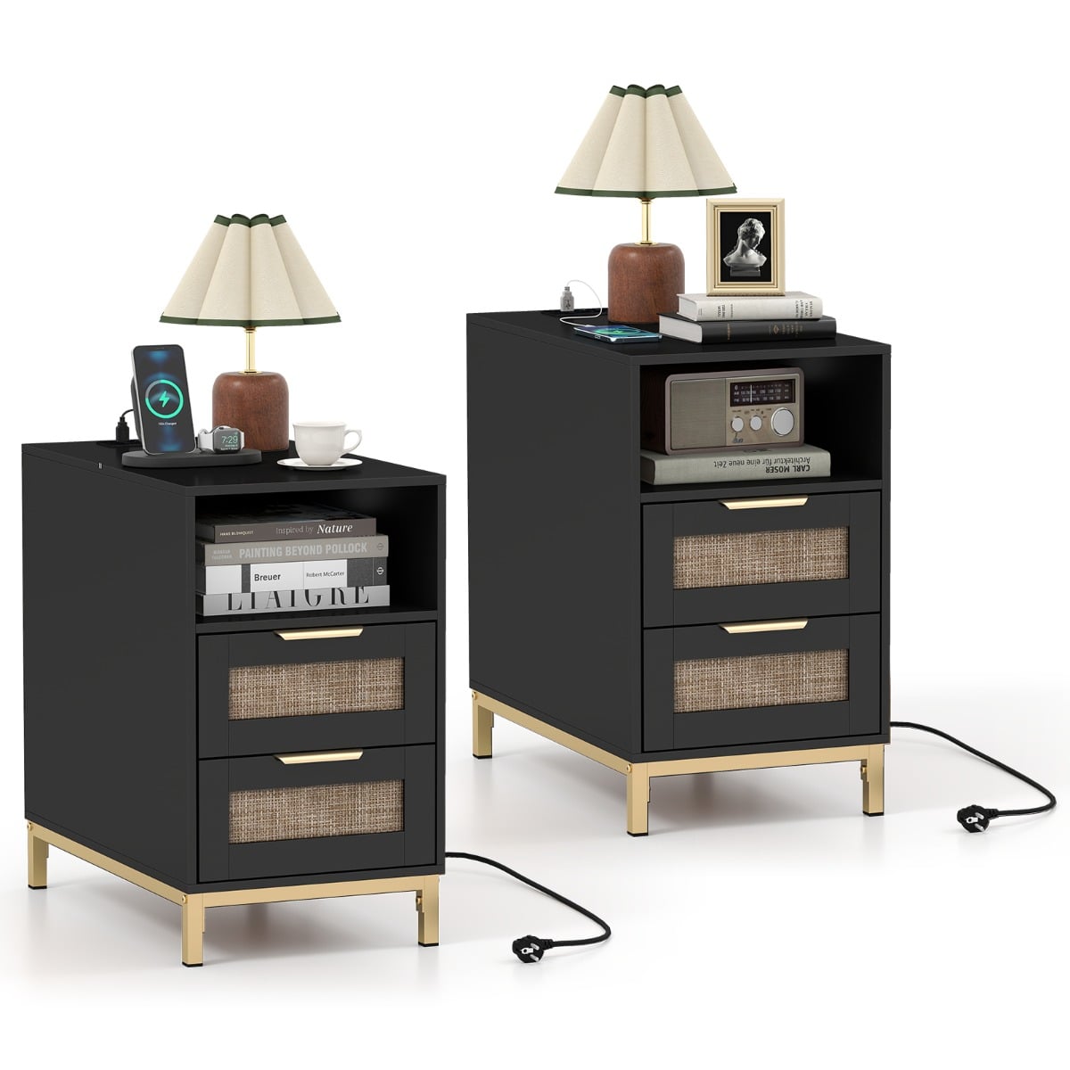 2-osaline rattan öökapp laadimisjaamaga, must