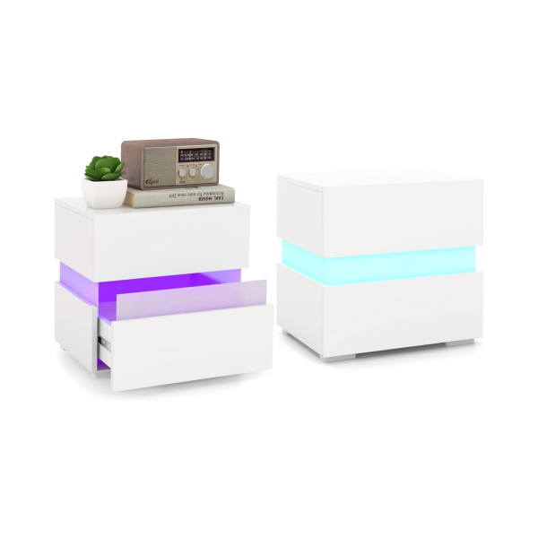 Öökappide komplekt 2 tk led-iga kõrgläikega öökapp kahe sahtliga valge